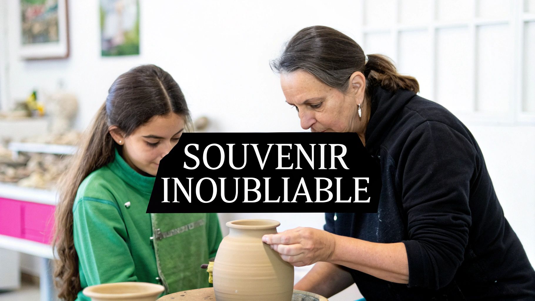Femme adulte et jeune fille créant ensemble de la poterie artisanale, moment précieux de partage intergénérationnel