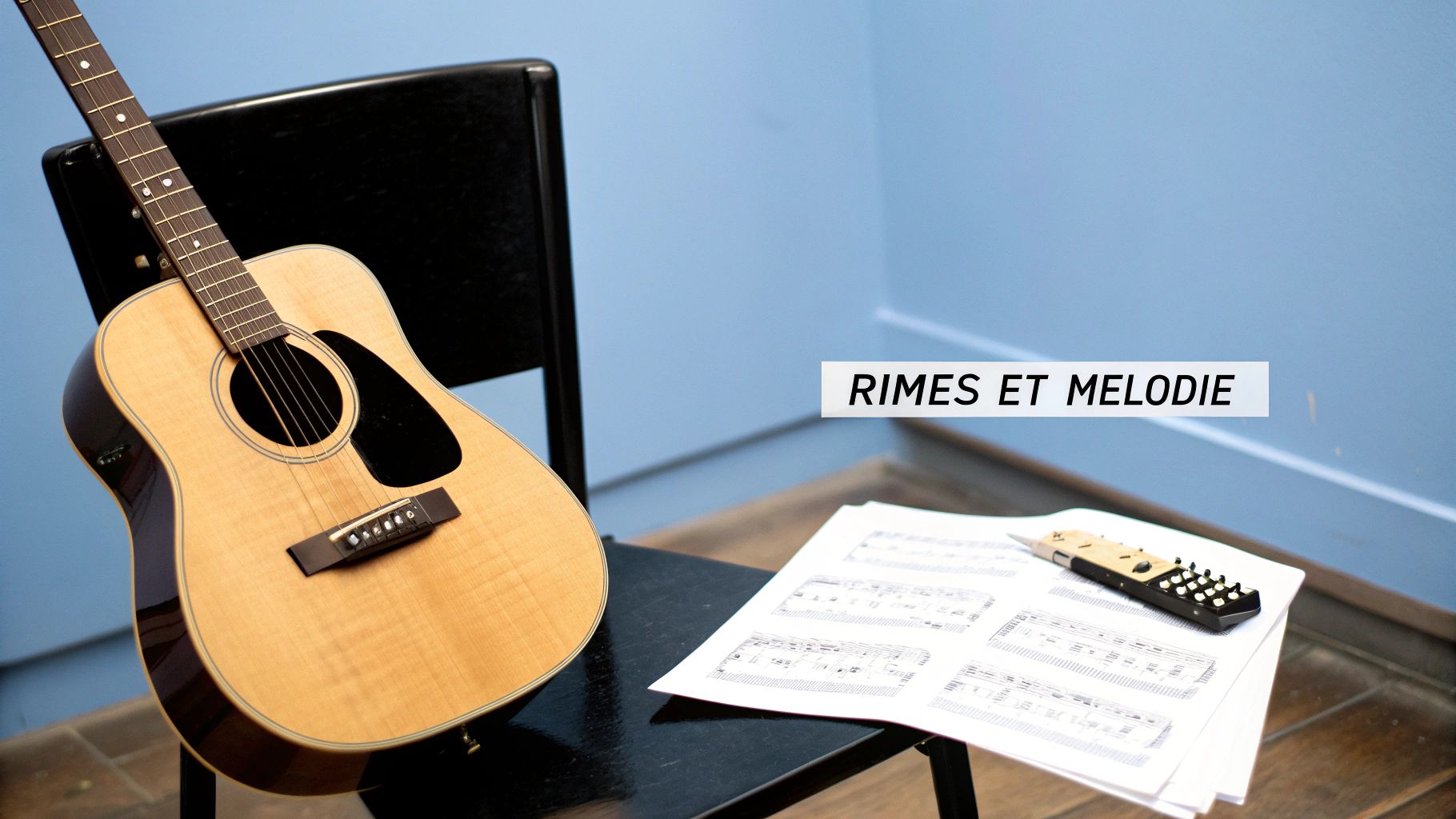 Guitare acoustique posée sur une chaise noire, avec des partitions et un instrument de musique. Le texte "RIMES ET MELODIE" est visible.