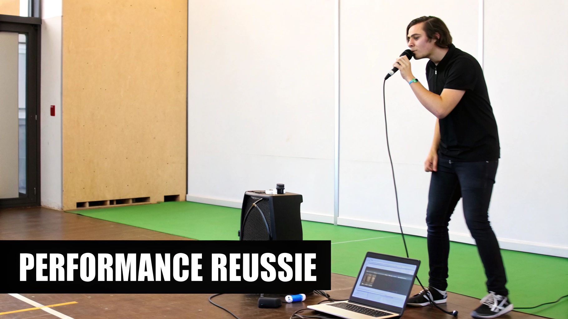 Un jeune homme chante dans un microphone lors d'une performance, avec un ordinateur portable et un amplificateur.