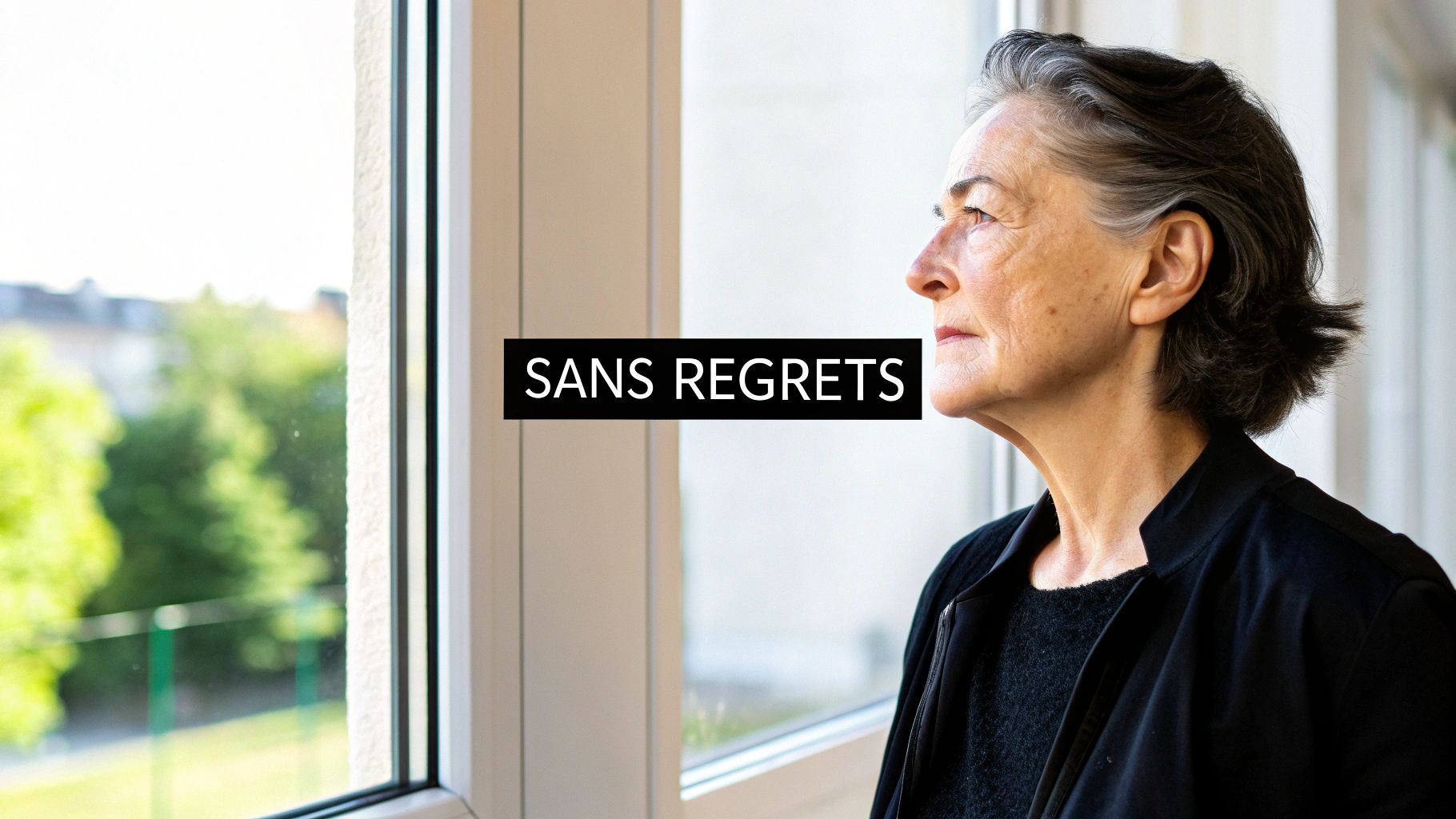 Une femme âgée aux cheveux gris regarde pensivement par une fenêtre. Le texte "SANS REGRETS" est affiché au centre de l'image.