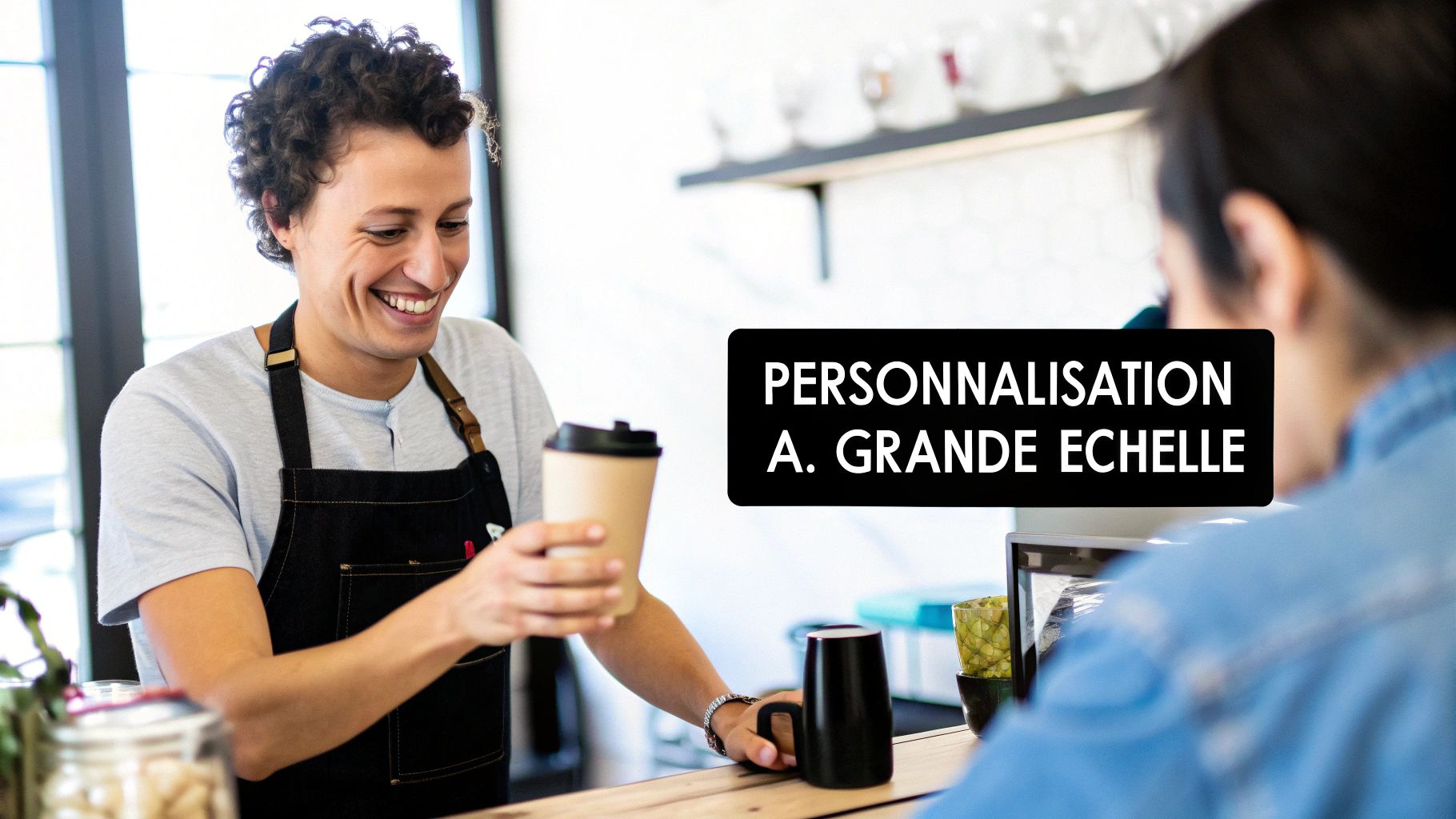 Une femme souriante reçoit un cadeau personnalisé, symbolisant une expérience client unique.