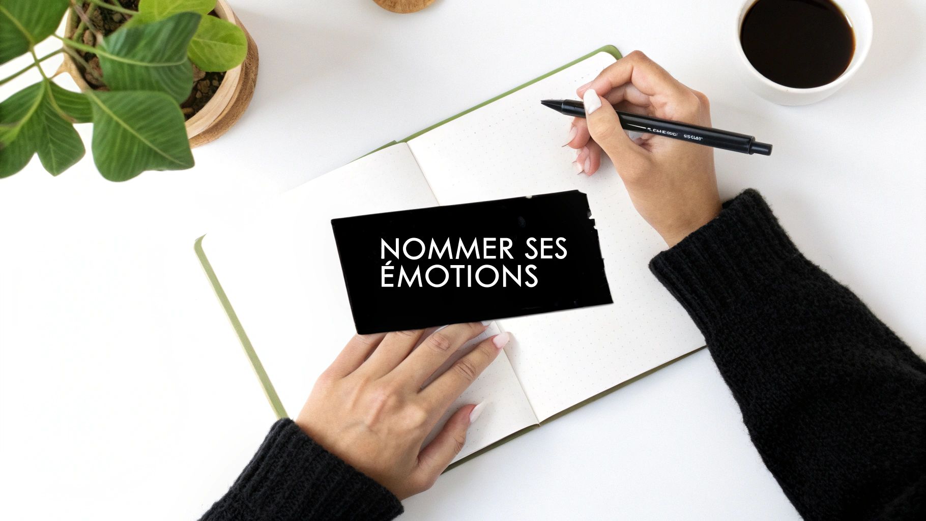 Une personne tenant un journal, assise près d'une fenêtre avec une lumière douce, symbolisant l'introspection et la prise de conscience émotionnelle.