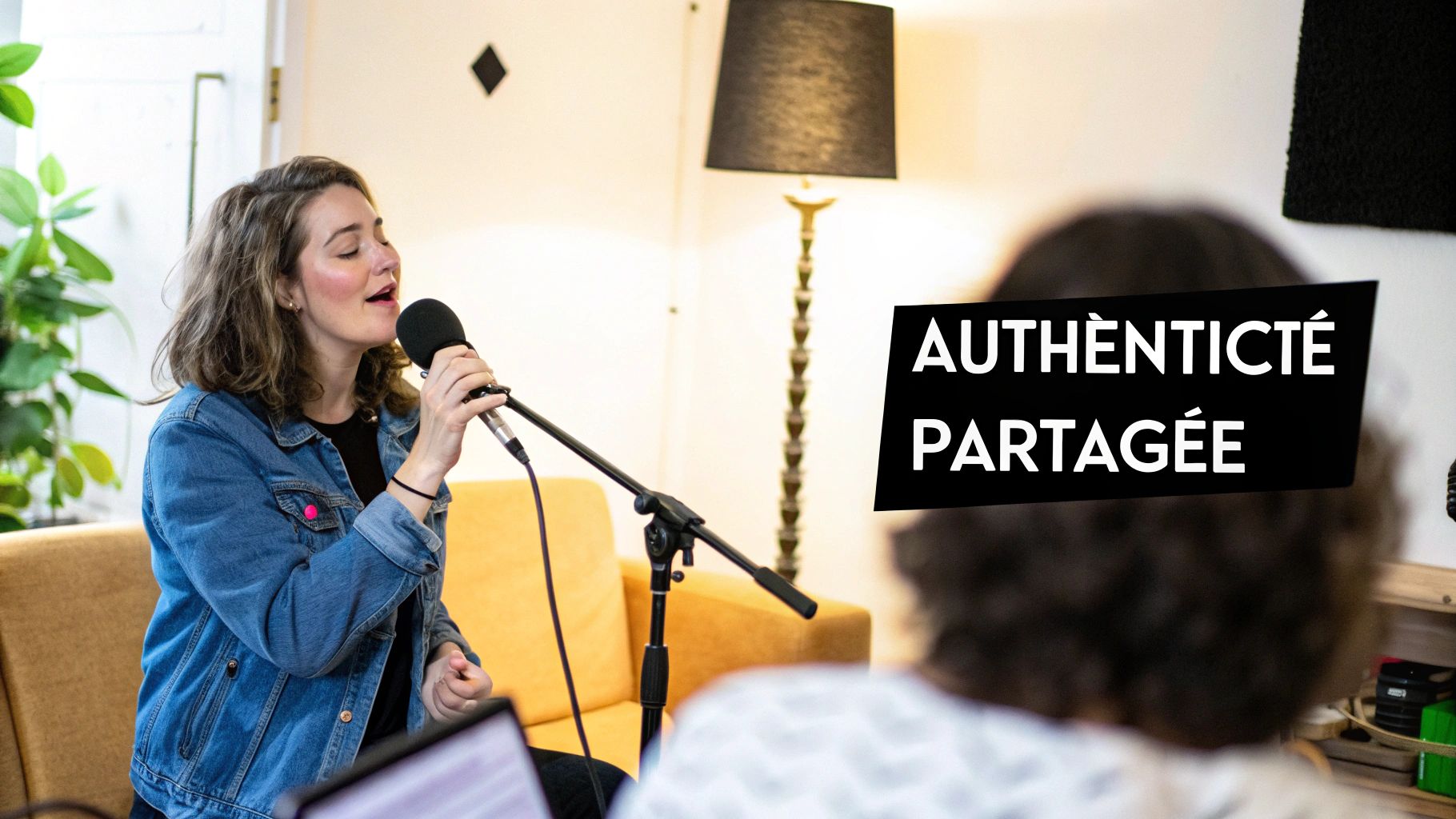 Ein Musiker teilt seine Geschichte mit einem aufmerksamen Publikum in einem intimen Veranstaltungsort.