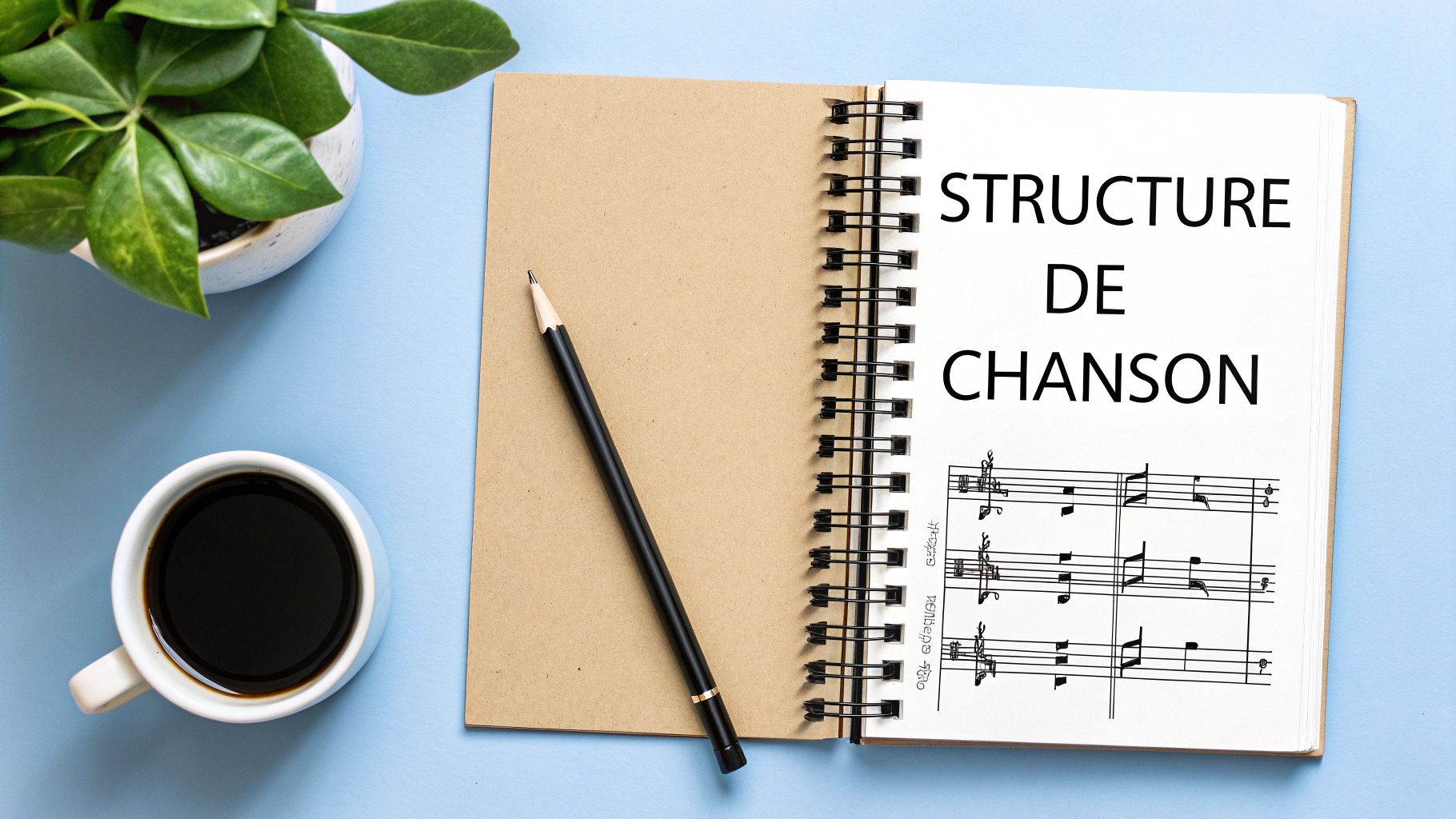 Vue de dessus d'un carnet avec 'STRUCTURE DE CHANSON', partitions, crayon, café et plante sur fond bleu.