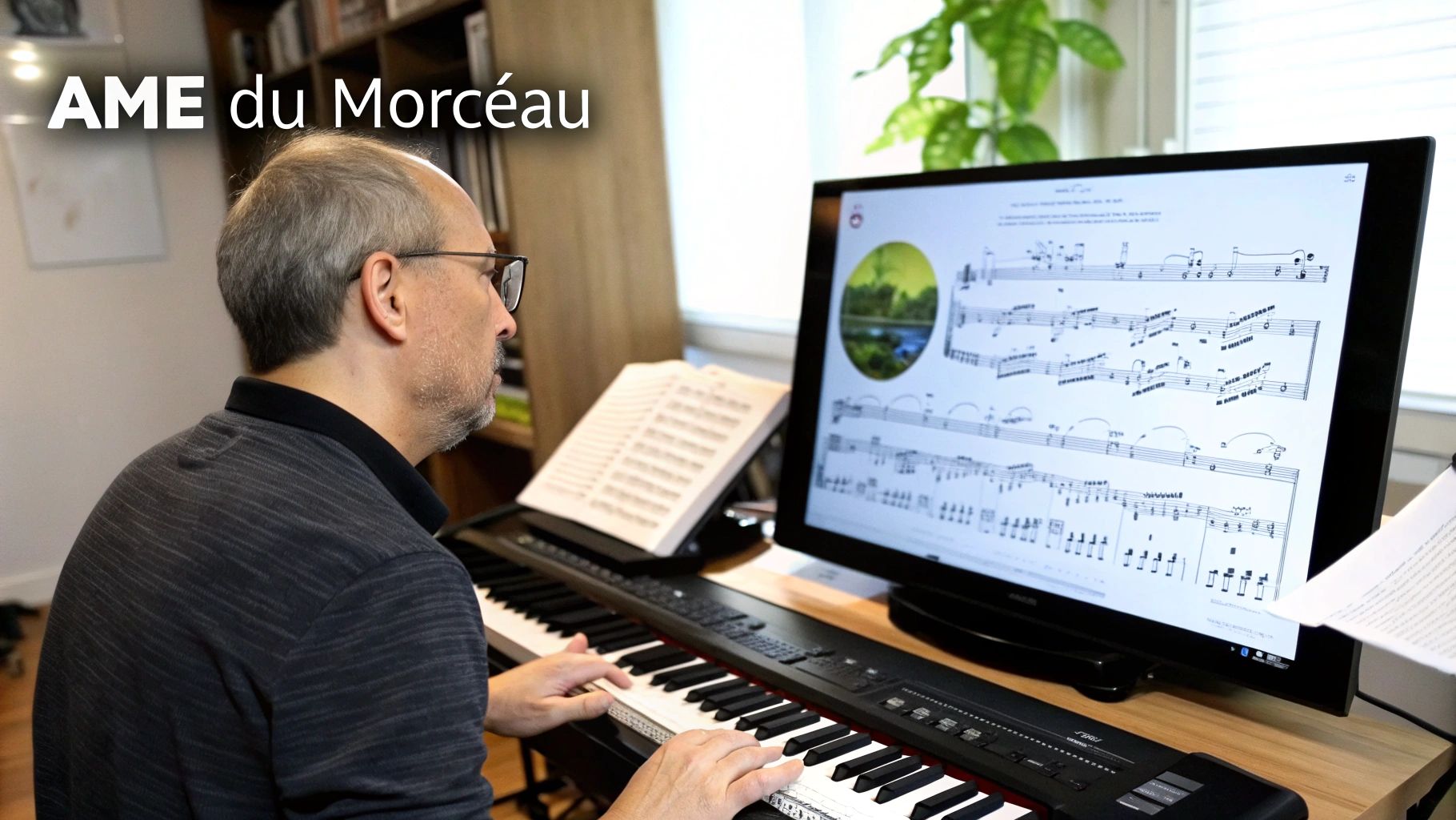 Eine Person, die mit einem Computer Musik auf einem MIDI-Keyboard komponiert
