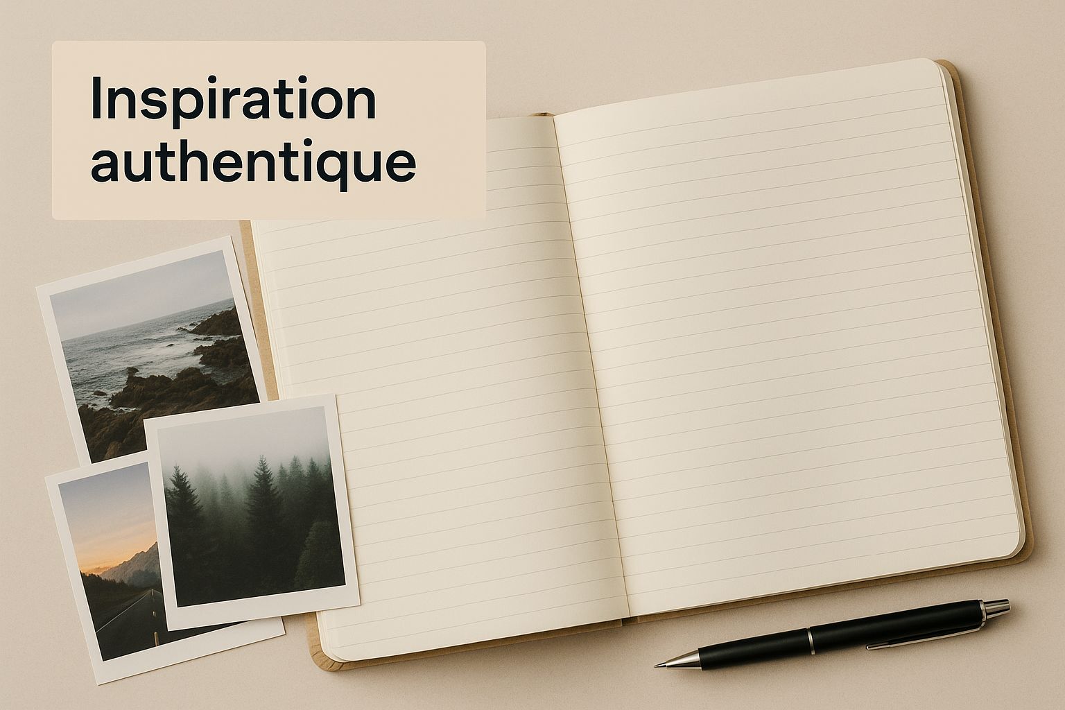 Infographie montrant un carnet ouvert à côté de photos et d'un stylo, symbolisant la collecte d'idées pour une chanson.