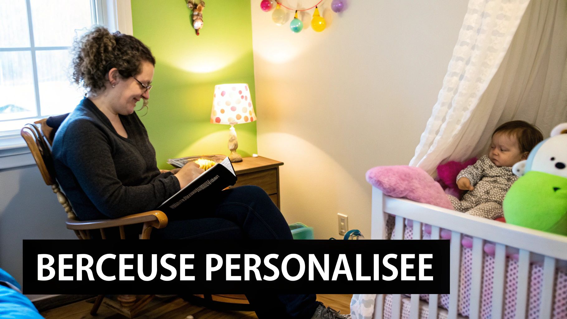Un bébé dort paisiblement dans son berceau, avec une douce lumière qui illumine la scène, évoquant la quiétude d'une berceuse.