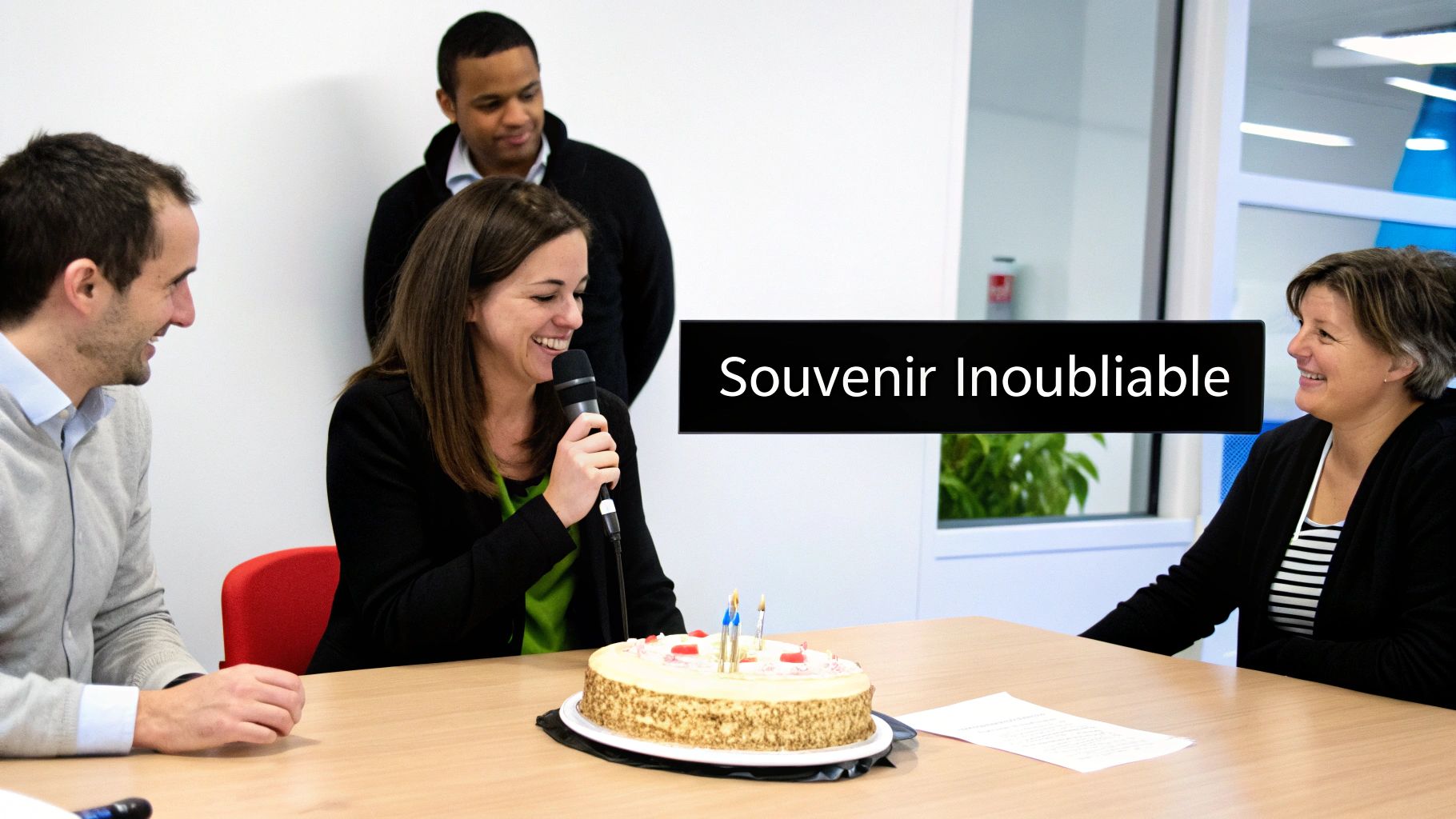 Une femme souriante parle dans un microphone, un gâteau avec des bougies est sur la table. Un moment mémorable entre collègues.
