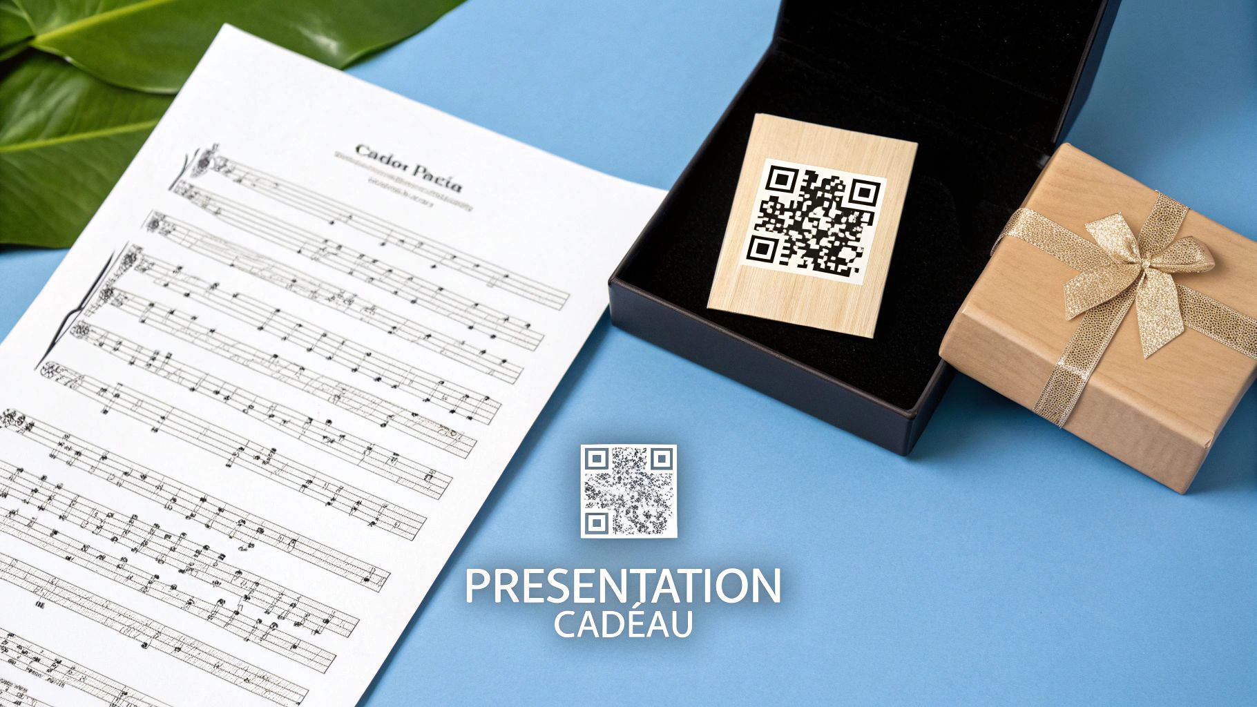 Coffret cadeau personnalisé avec code QR et partition musicale Cador Paeta sur fond bleu