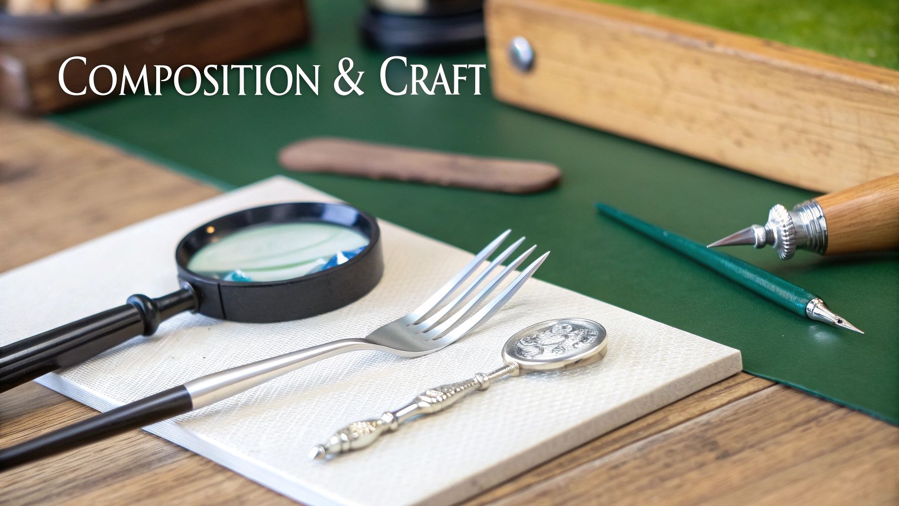 A desk featuring a magnifying glass, silver fork, ornate spoon, and pens, with 'Composition & Craft' text.