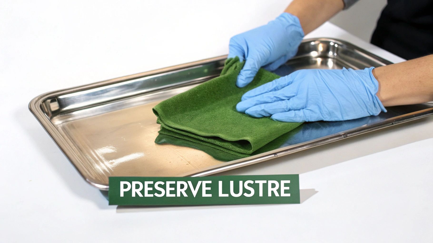 Gloved hands diligently polishing a shiny silver tray with a green cloth to preserve its lustre.