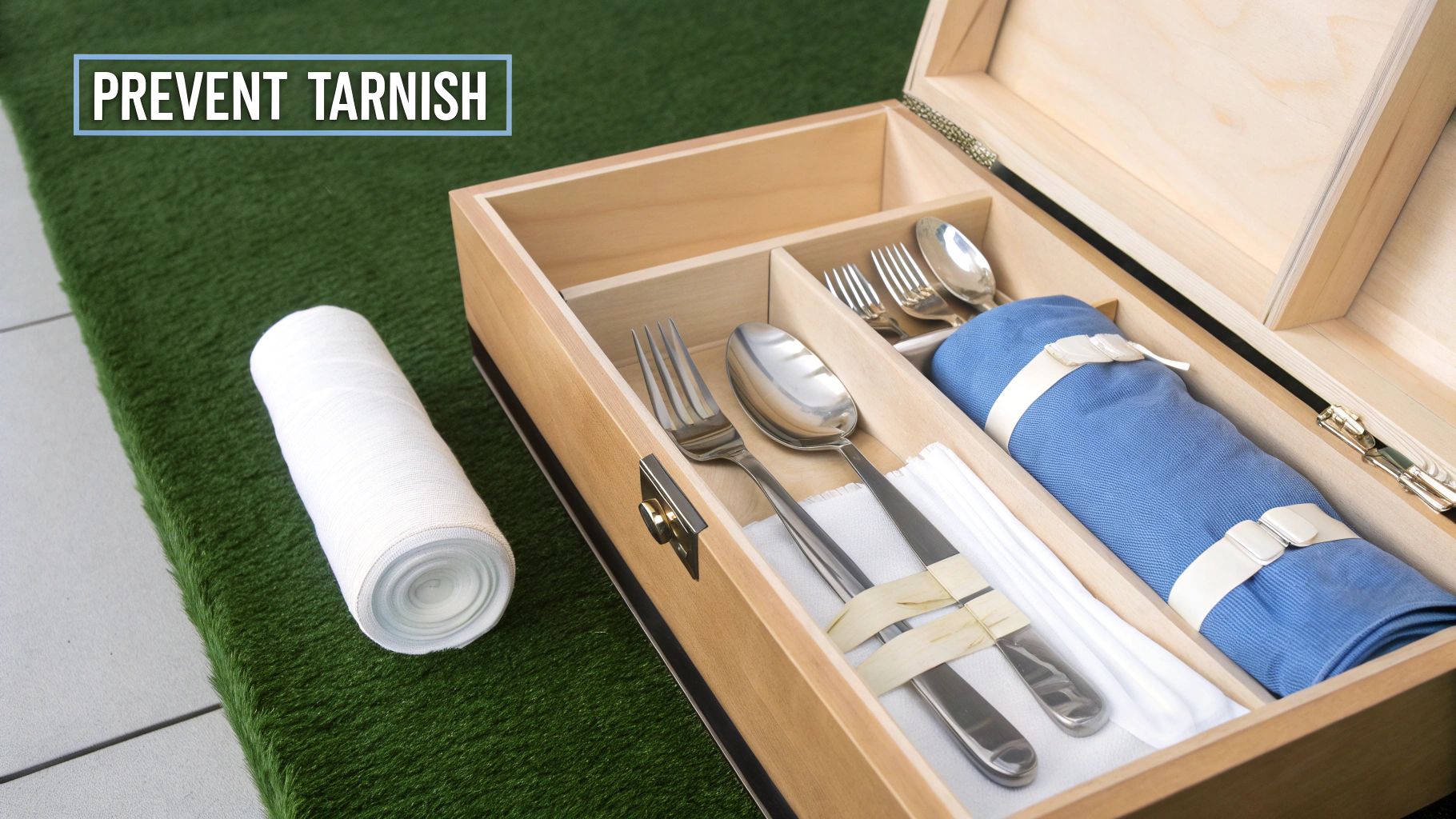 Silverware stored neatly in a wooden box with a blue napkin, emphasizing tarnish prevention.