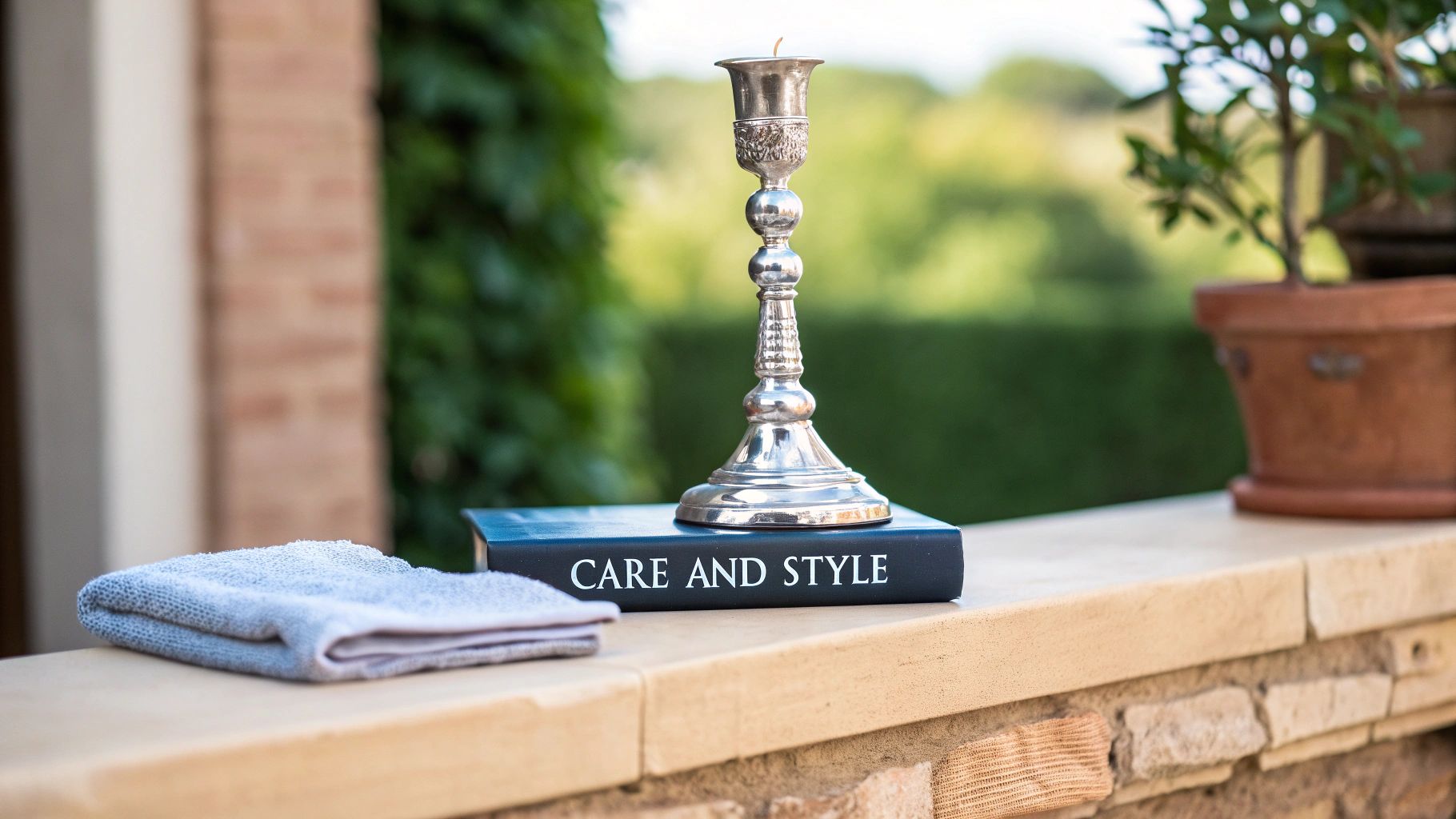 An ornate silver candlestick rests on a 'CARE AND STYLE' book, beside a folded grey towel on an outdoor stone ledge.