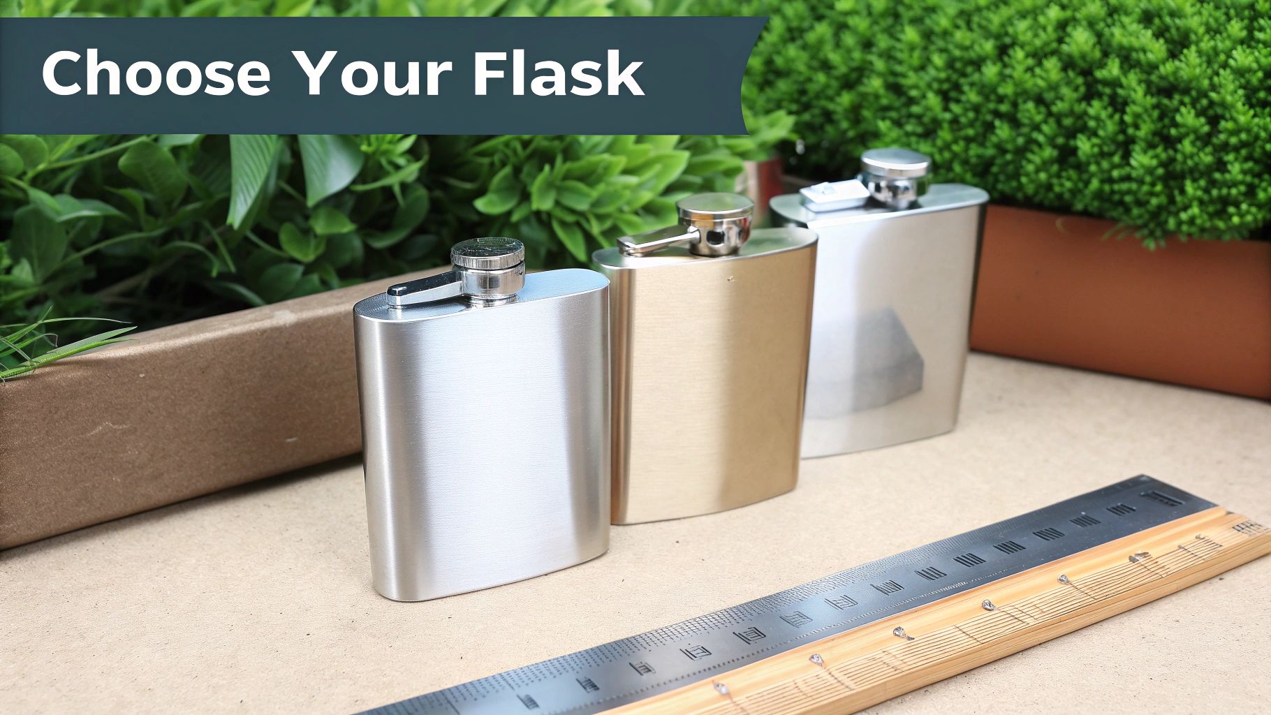 Three metal hip flasks in silver and gold, displayed with a ruler and green plants.