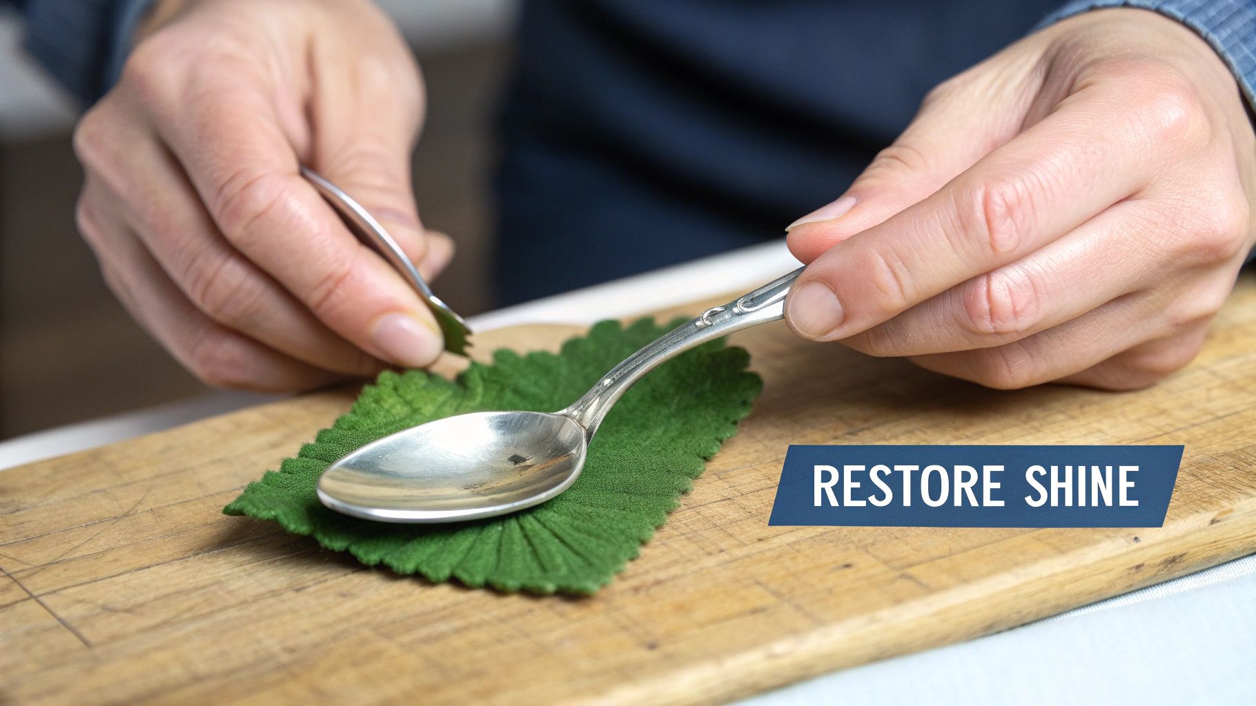 Close-up of hands using a green leaf to polish a tarnished silver spoon on a wooden board.