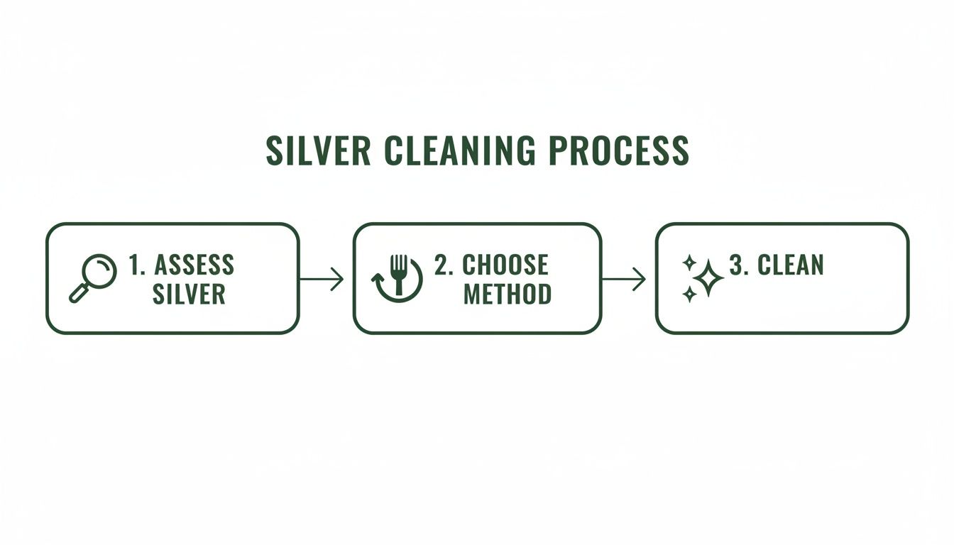 A simple diagram illustrating a three-step silver cleaning process: assess, choose method, and clean.