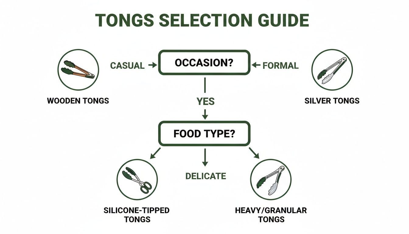 A tongs selection guide flowchart demonstrating different types of tongs for various occasions and food types.