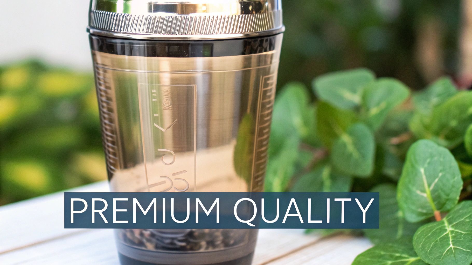 A close-up of a premium metallic cocktail shaker with 'PREMIUM QUALITY' text on a banner.