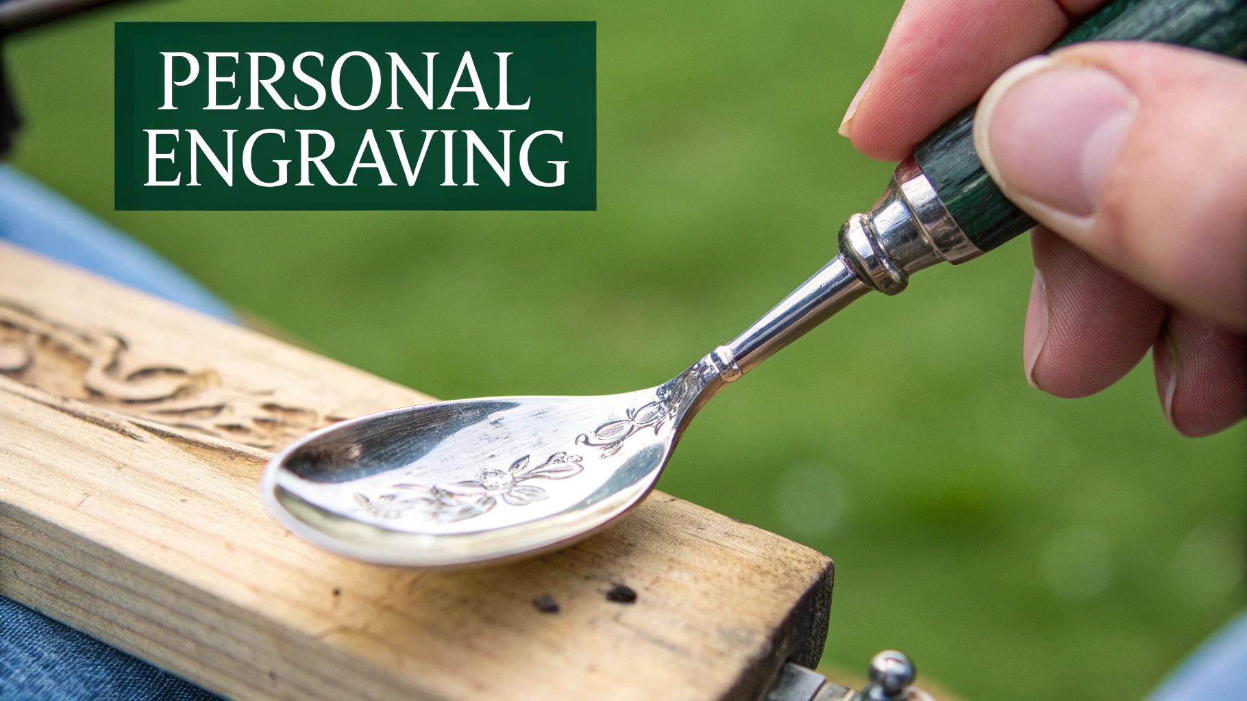 A hand meticulously engraves a decorative design onto a shiny silver spoon using a specialized tool.