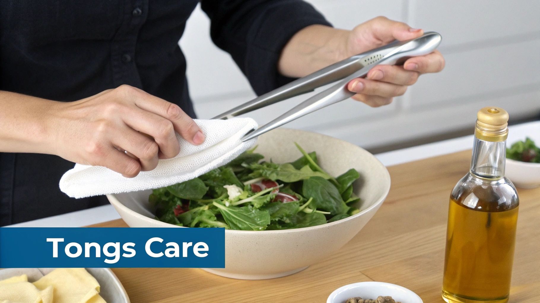 A person wiping metal tongs with a white cloth over a bowl of fresh green salad on a wooden table.