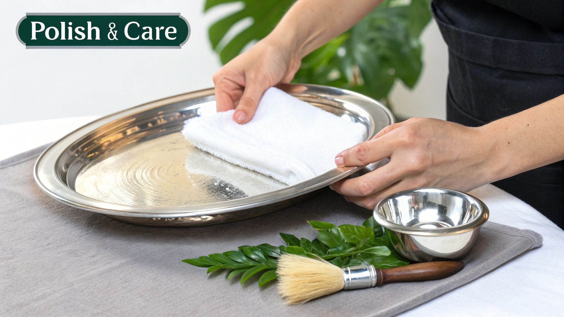 Hands polishing a silver serving tray with a white cloth, demonstrating care and maintenance.