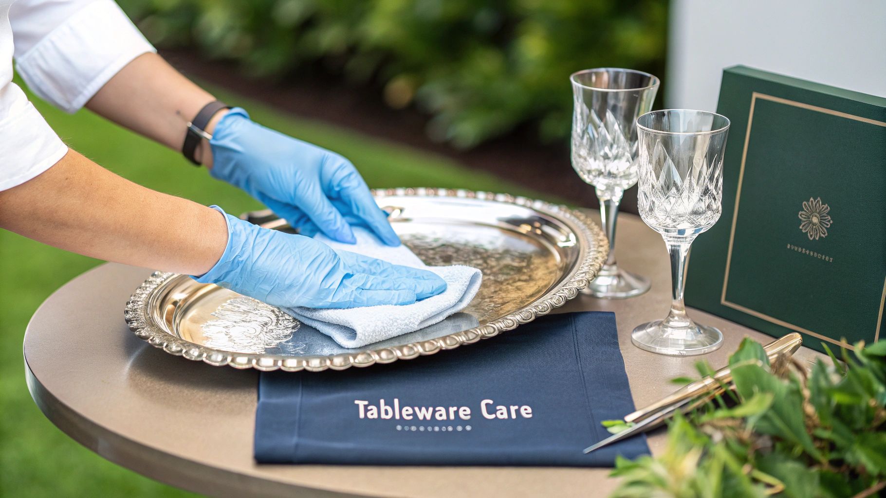 A person in blue gloves meticulously polishes a decorative silver tray with a white cloth, showcasing luxury tableware care.