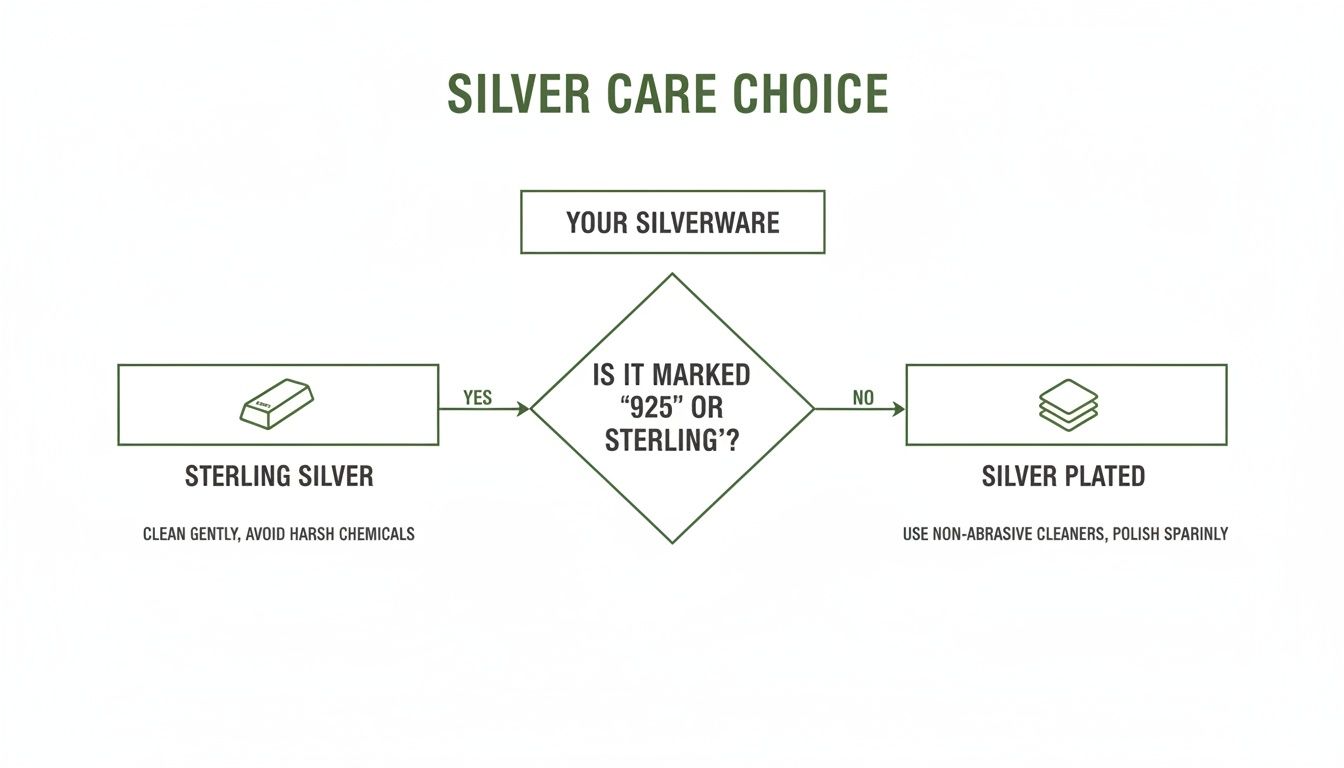 A flowchart detailing how to care for silverware, distinguishing between sterling silver and silver plated.