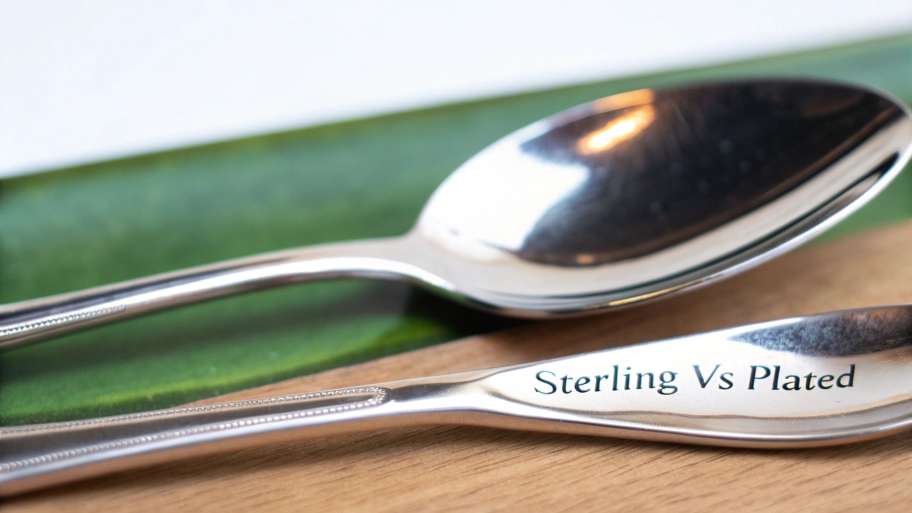 Close-up of two silver spoons, one explicitly stating "Sterling Vs Plated", highlighting differences.