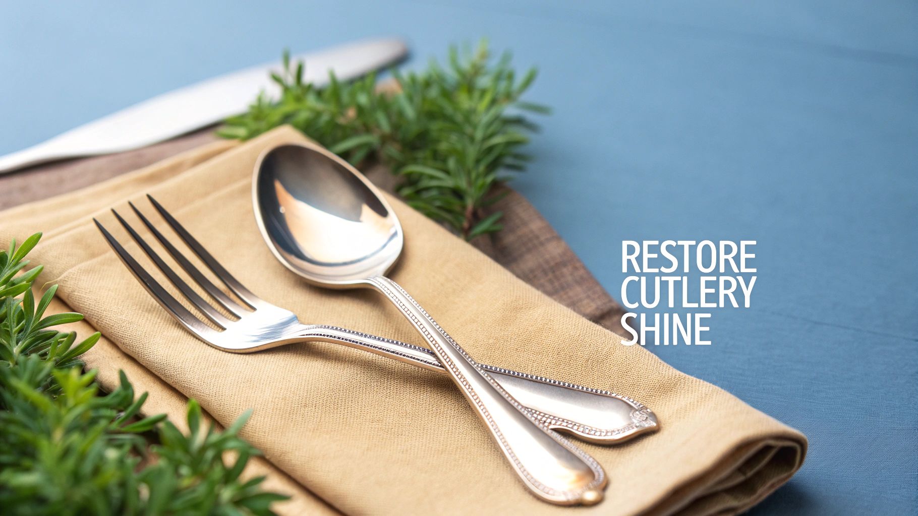 Shiny silver fork and spoon crossed on a beige napkin, with green leaves and a blue background.