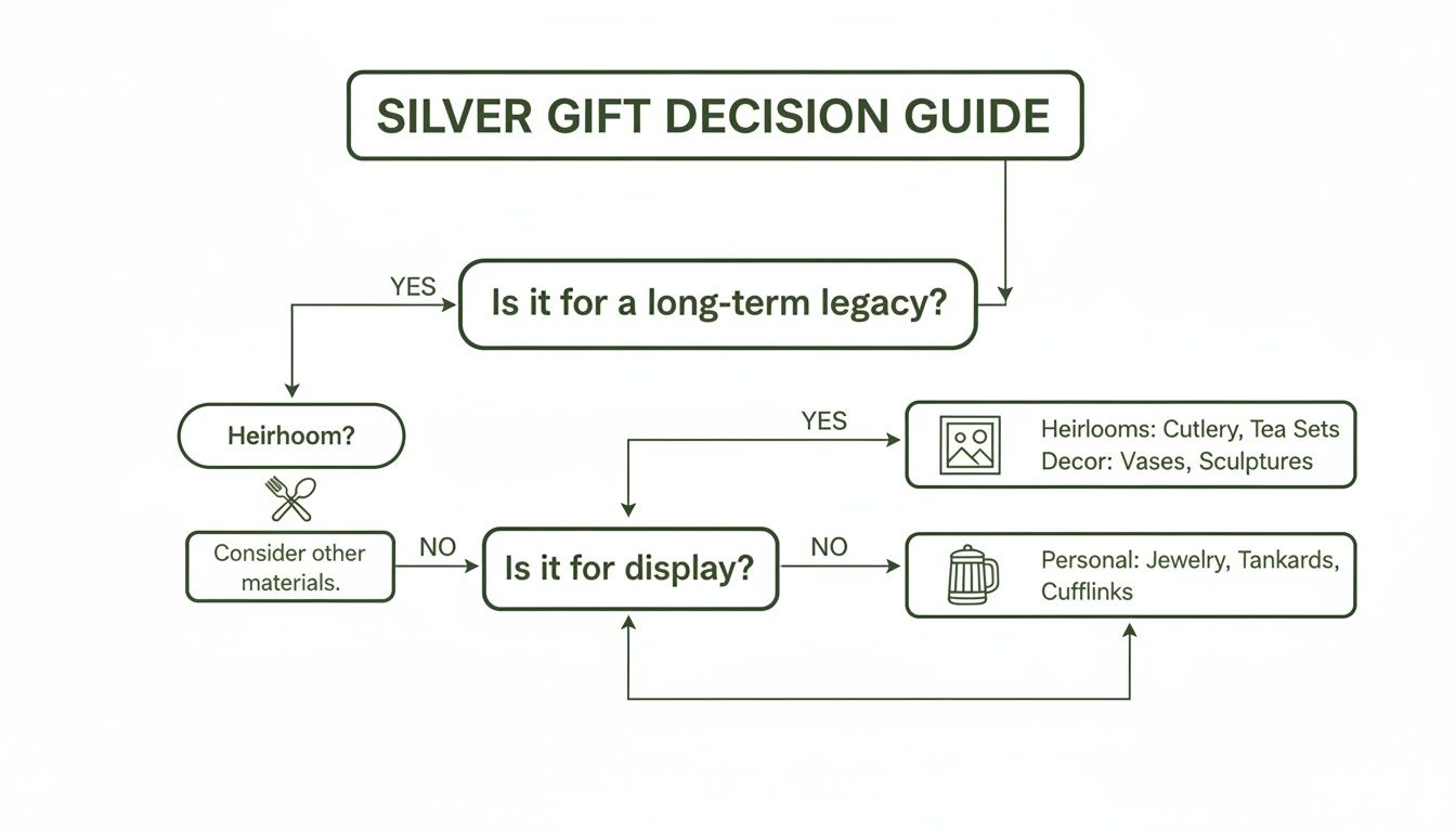 Silver gift decision guide flowchart categorizing silver gifts for legacy, display, and personal use.