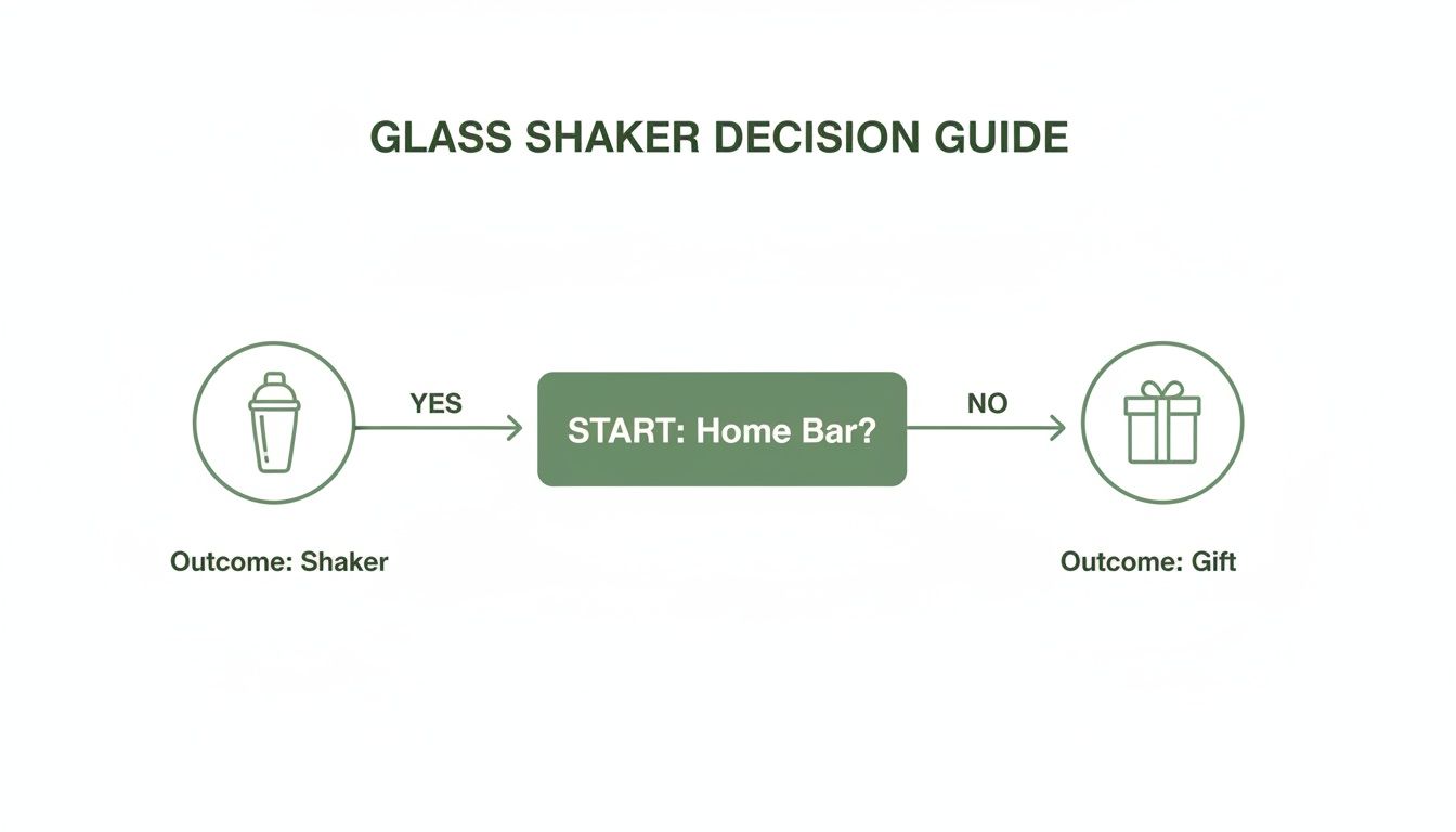 A flowchart decision guide for a glass shaker, asking if it's for a home bar, leading to shaker or gift outcomes.