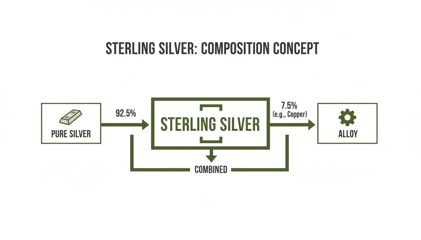 Diagram illustrating sterling silver's composition, showing 92.5% pure silver combined with 7.5% alloy like copper.
