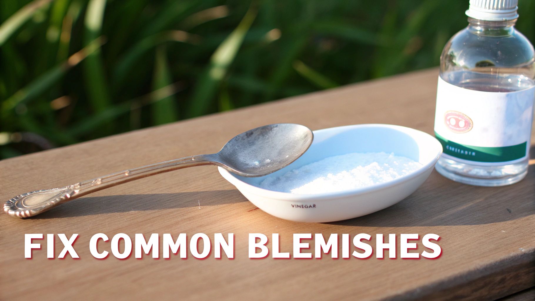 A metal spoon, a white bowl of powder, and a vinegar bottle sit on a wooden surface for cleaning.