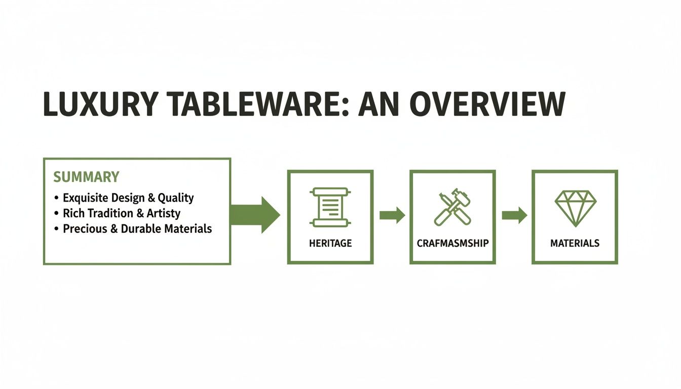 A flowchart overview of luxury tableware, detailing summary, heritage, craftsmanship, and materials.