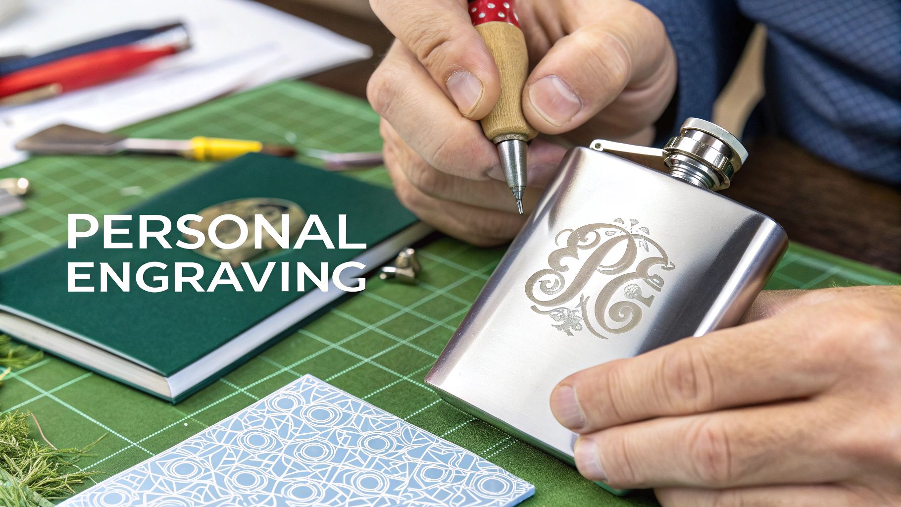 A person's hands engrave a decorative 'R' onto a shiny silver hip flask with an engraving tool.