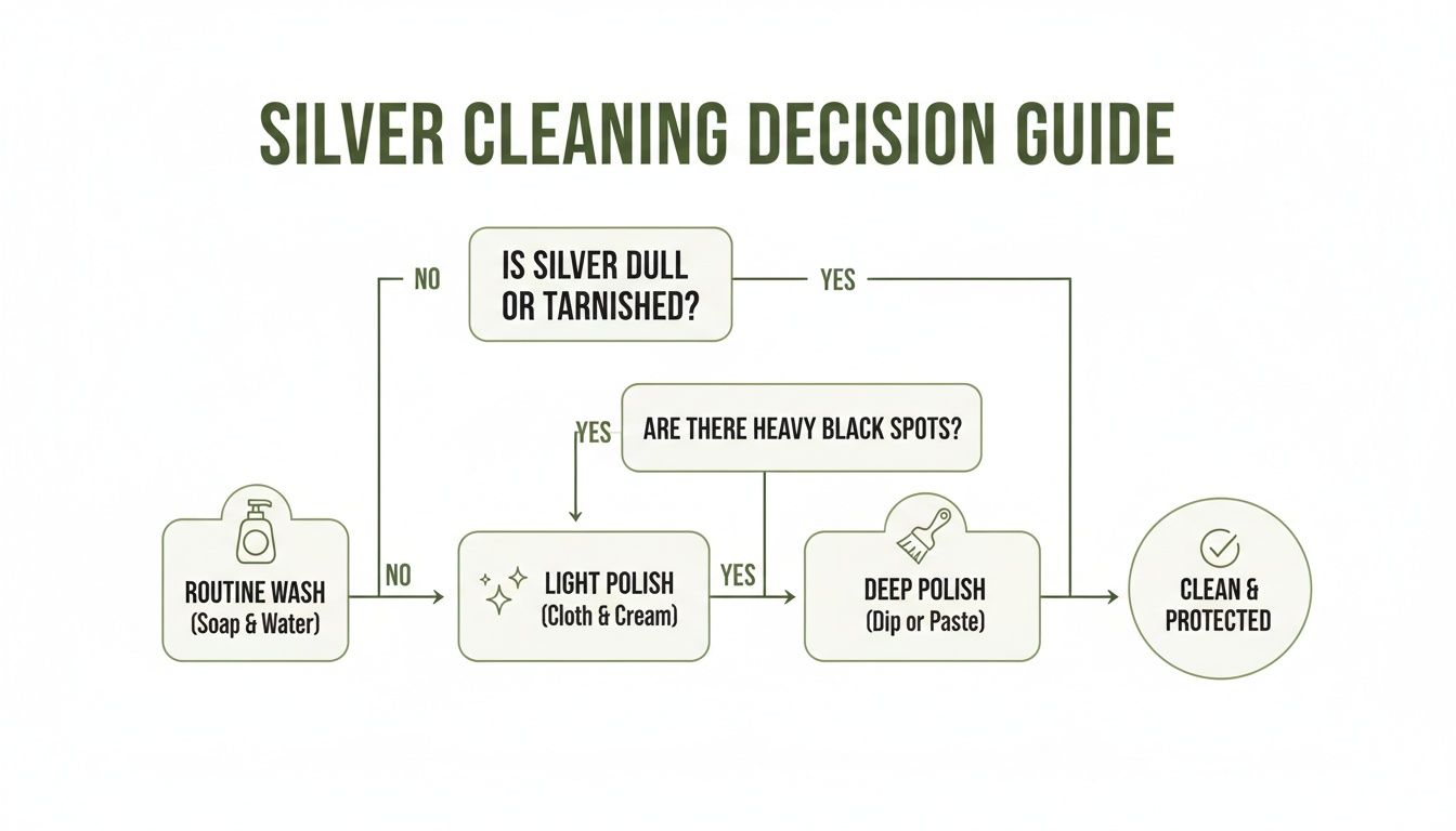 Flowchart guiding silver cleaning decisions based on dullness, tarnish, and heavy black spots.