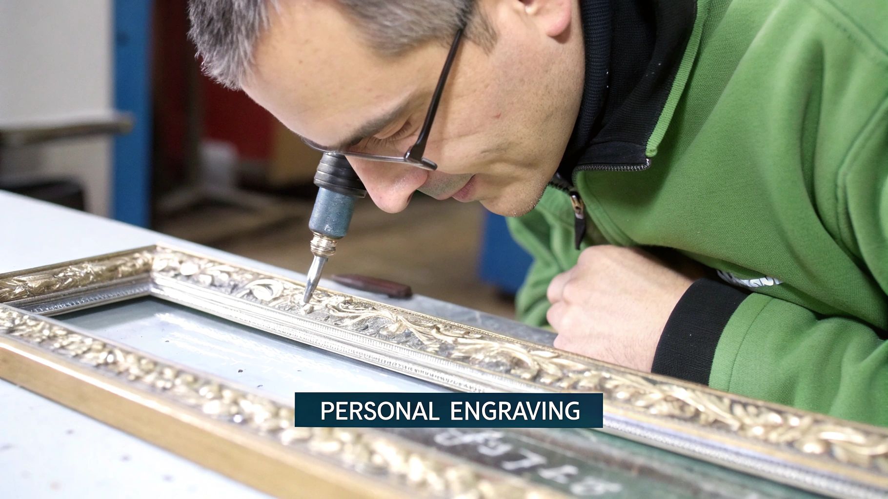 A man in a green jacket meticulously engraves a decorative silver frame with a specialized tool.