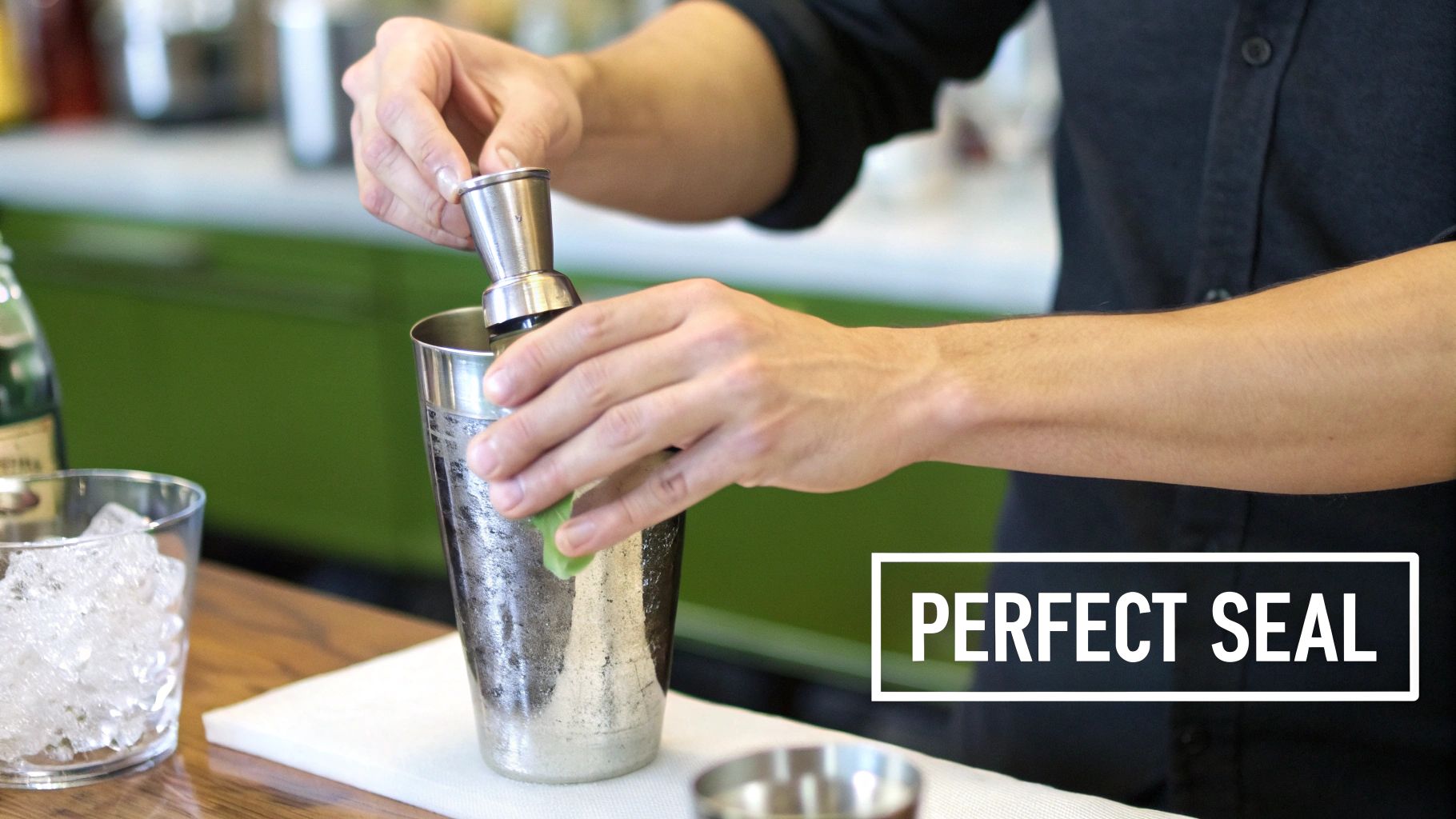 A bartender's hands pour liquid from a jigger into a metal cocktail shaker, preparing a drink.