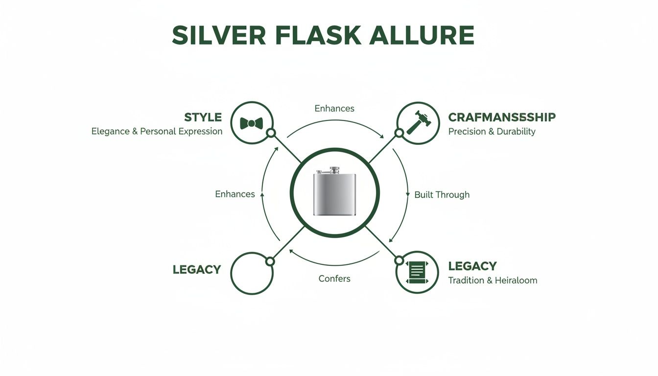 Diagram illustrating the allure and key attributes of a silver hip flask: style, craftsmanship, and legacy.
