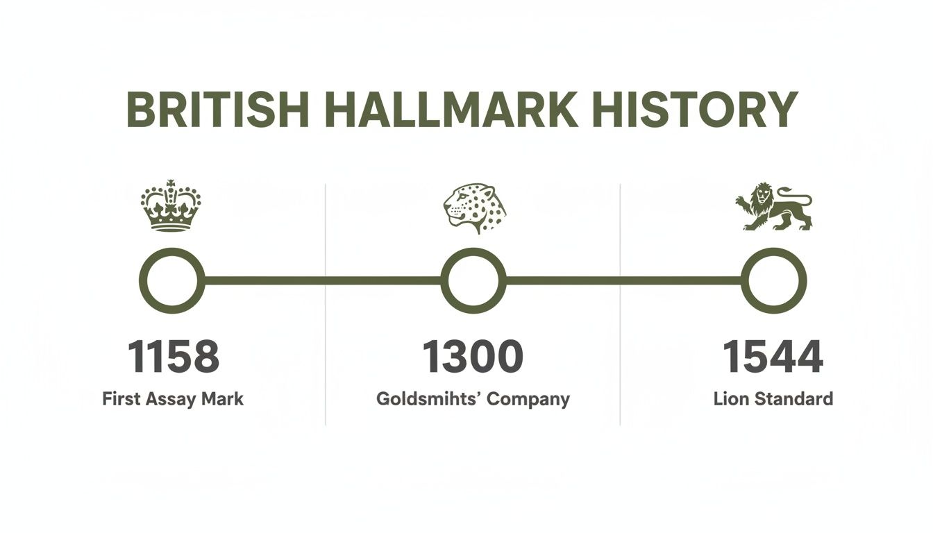 Timeline illustrating British hallmark history from 1158 to 1544, showing key assay marks.