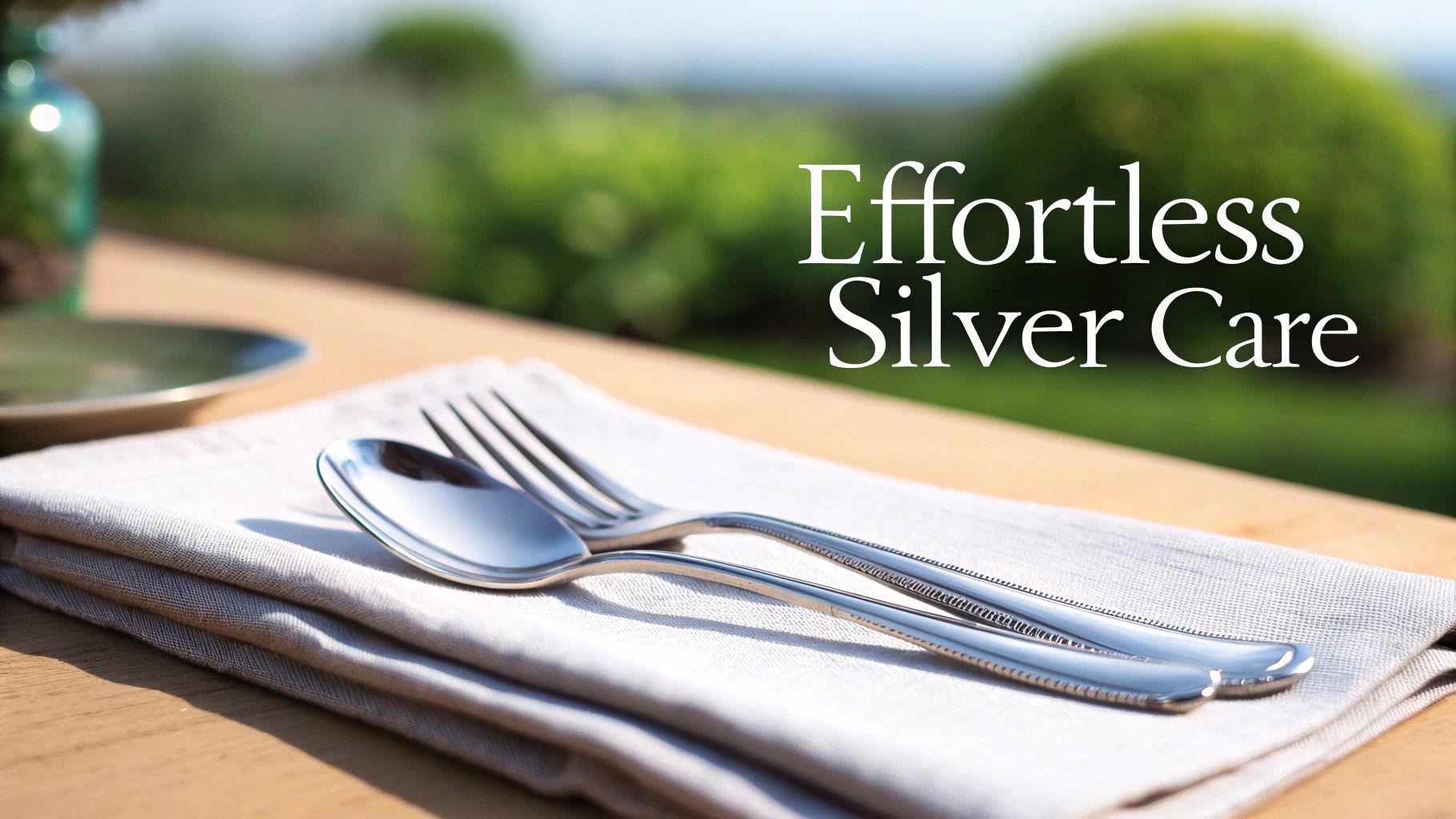 Shiny silver fork and spoon placed on a light napkin on a wooden table, suggesting effortless care.