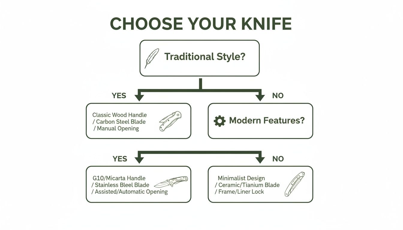 A flowchart guiding users to choose a knife based on traditional style, modern features, or minimalist design.