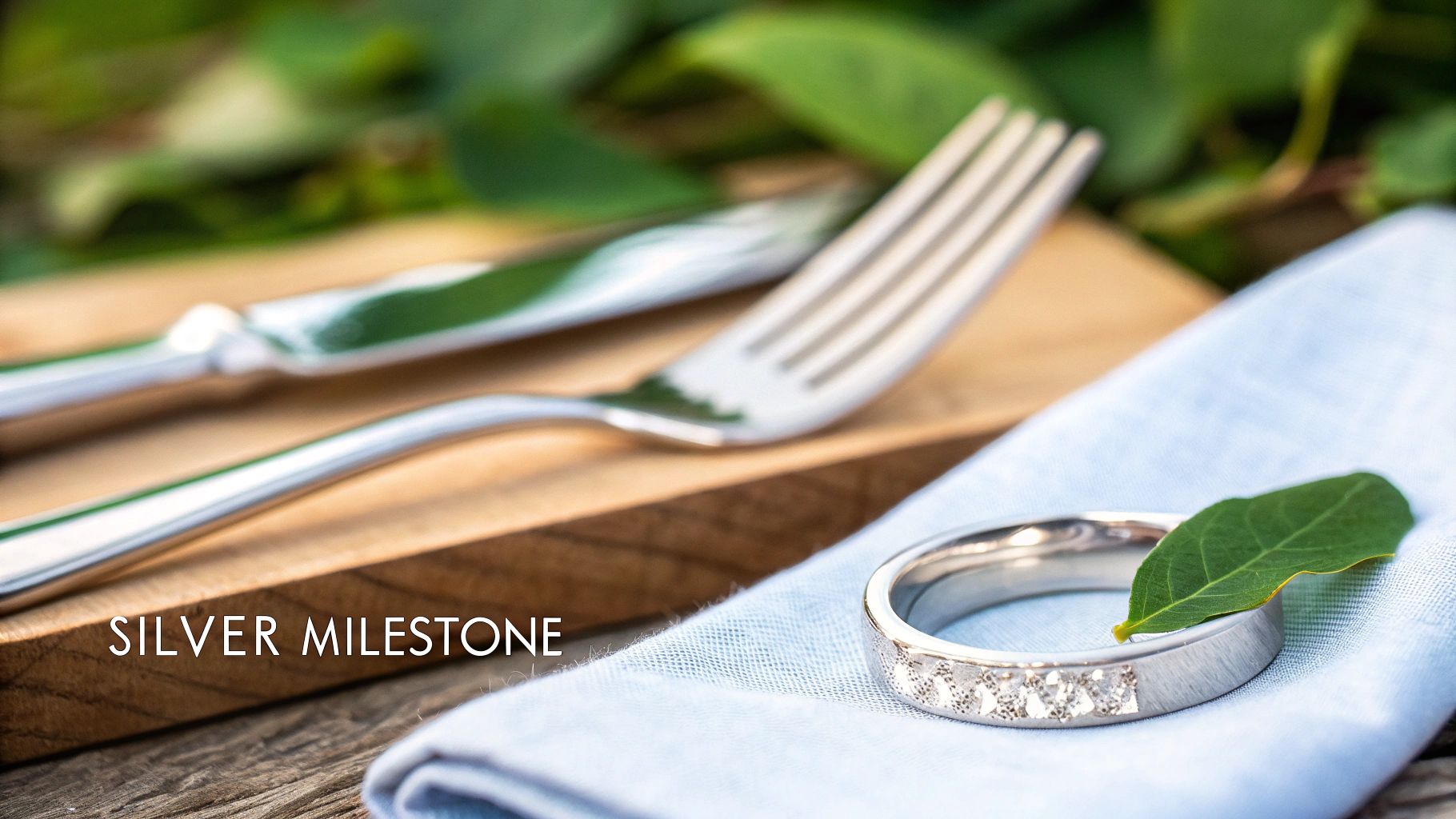 A silver ring with diamonds and a green leaf on a blue napkin, with cutlery and 'SILVER MILESTONE' text.