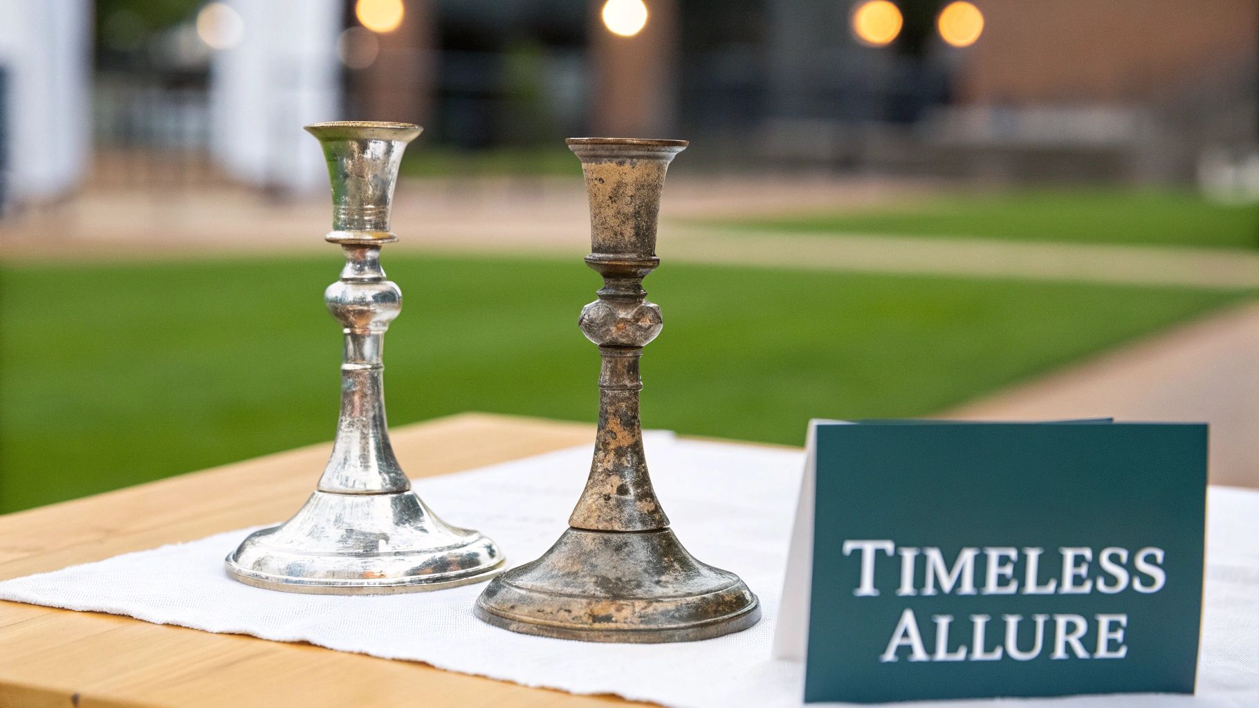 A shiny silver candlestick and a tarnished antique one stand beside a 'Timeless Allure' sign.