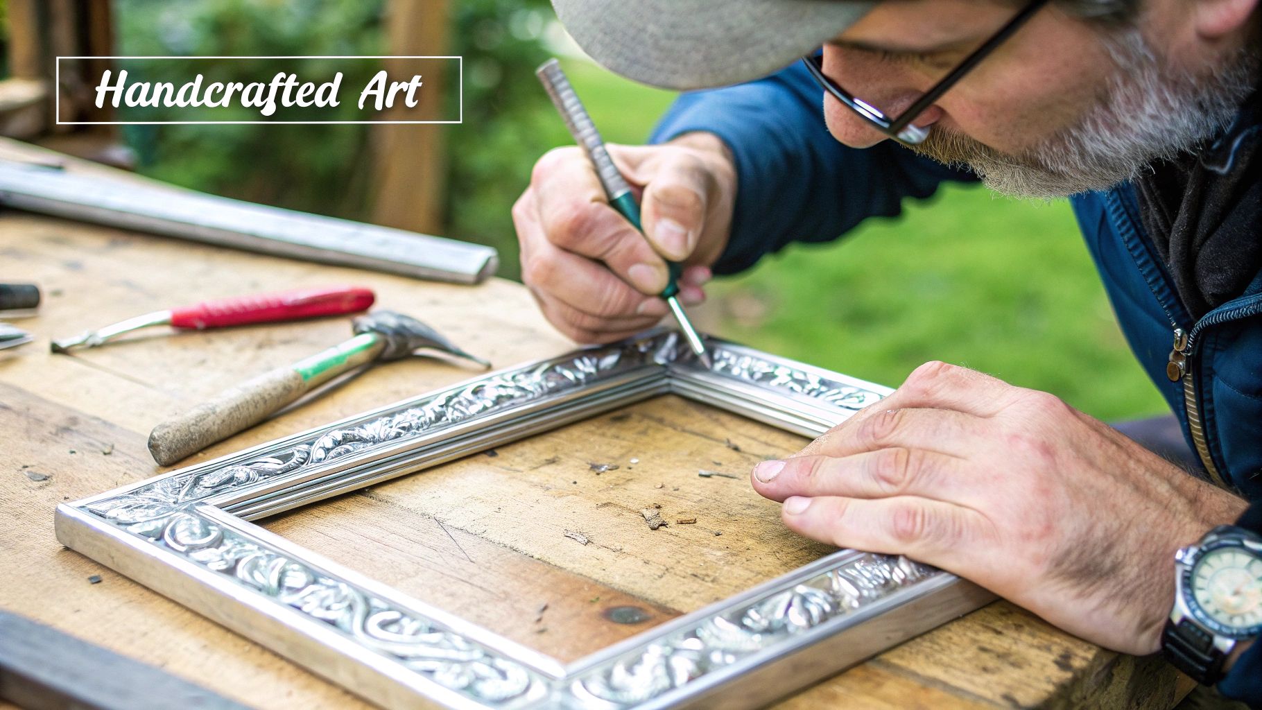 A craftsman meticulously hand-carving ornate details onto a solid silver picture frame on a wooden workbench.