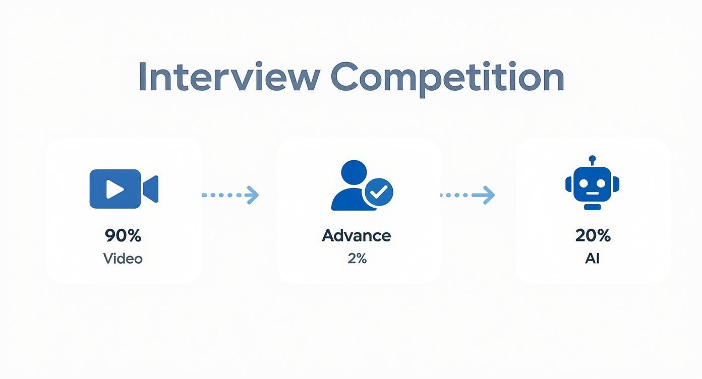 A flowchart titled 'Interview Competition' showing a three-stage process: 90% Video, 2% Advance, and 20% AI.