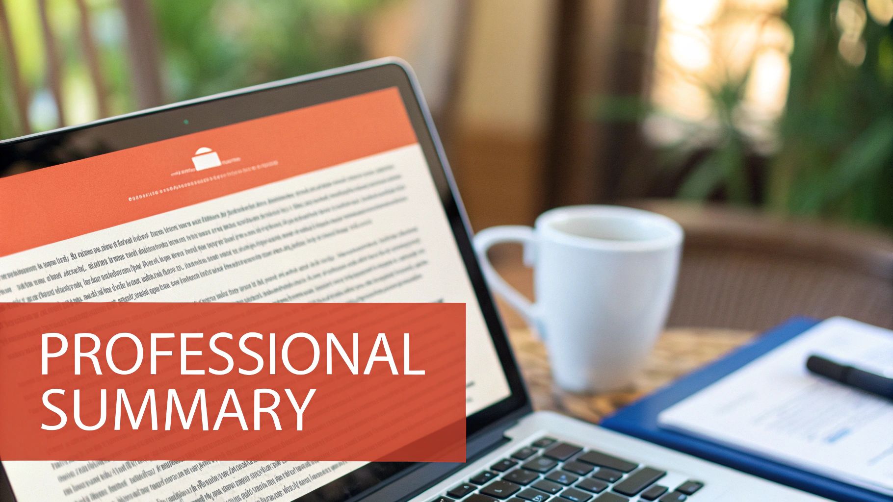 Laptop displaying professional summary document on wooden desk with coffee cup and notebook