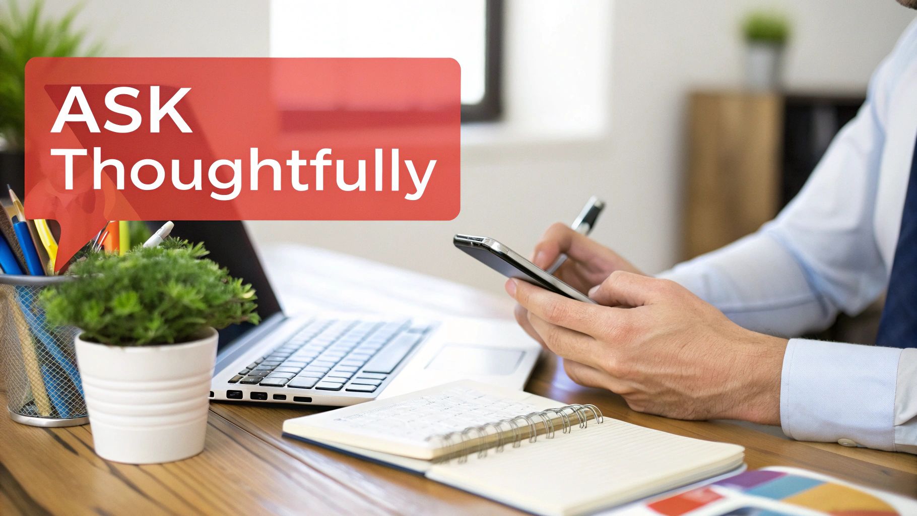 A person at a desk using a smartphone and pen, with a laptop and plant. Overlay says 'ASK Thoughtfully'.