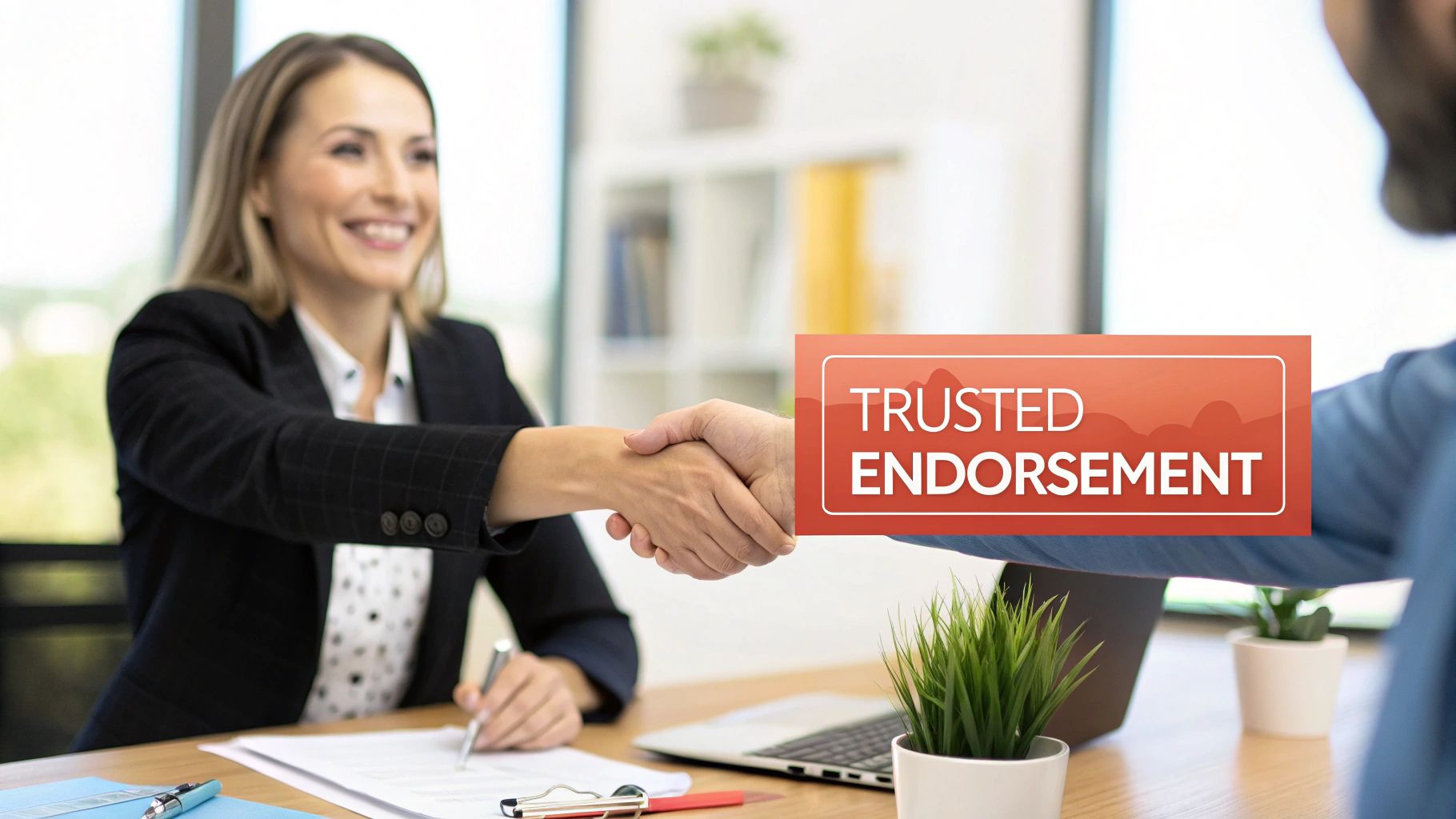 Professional businesswoman shaking hands in office meeting representing trusted endorsement and professional reference