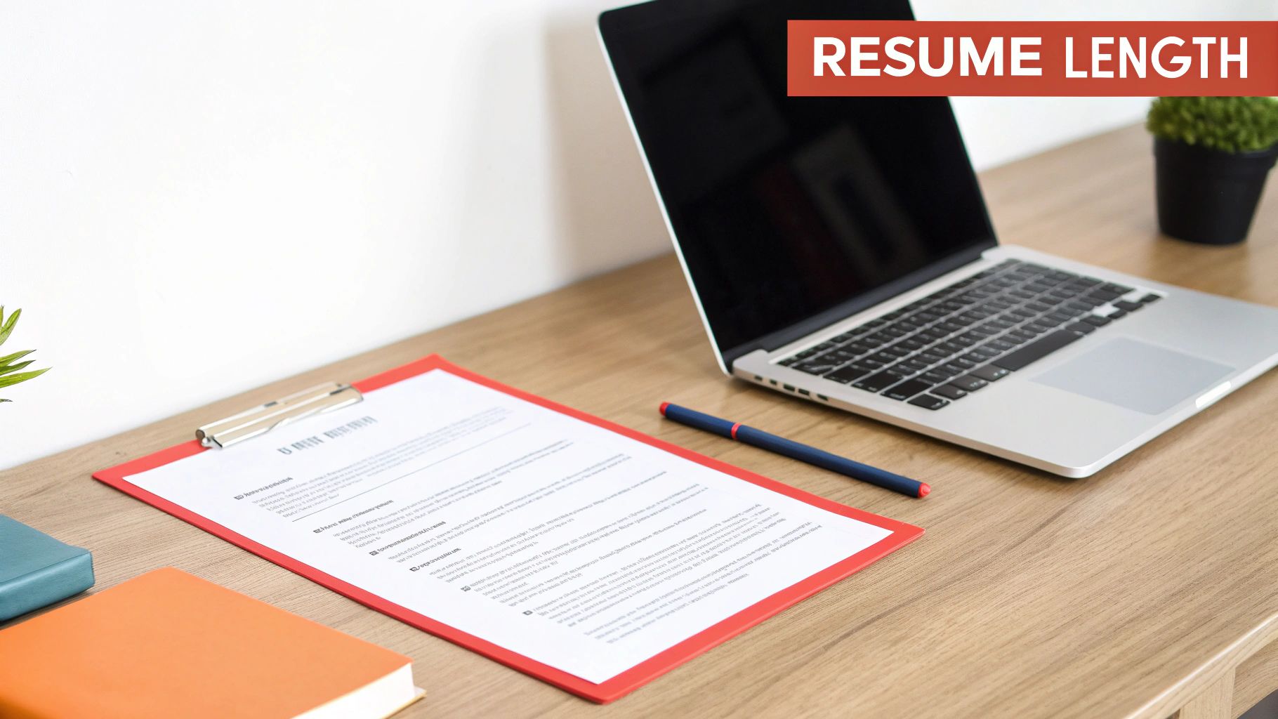 A professional desk setup with a laptop, a resume on a clipboard, a pen, and books.